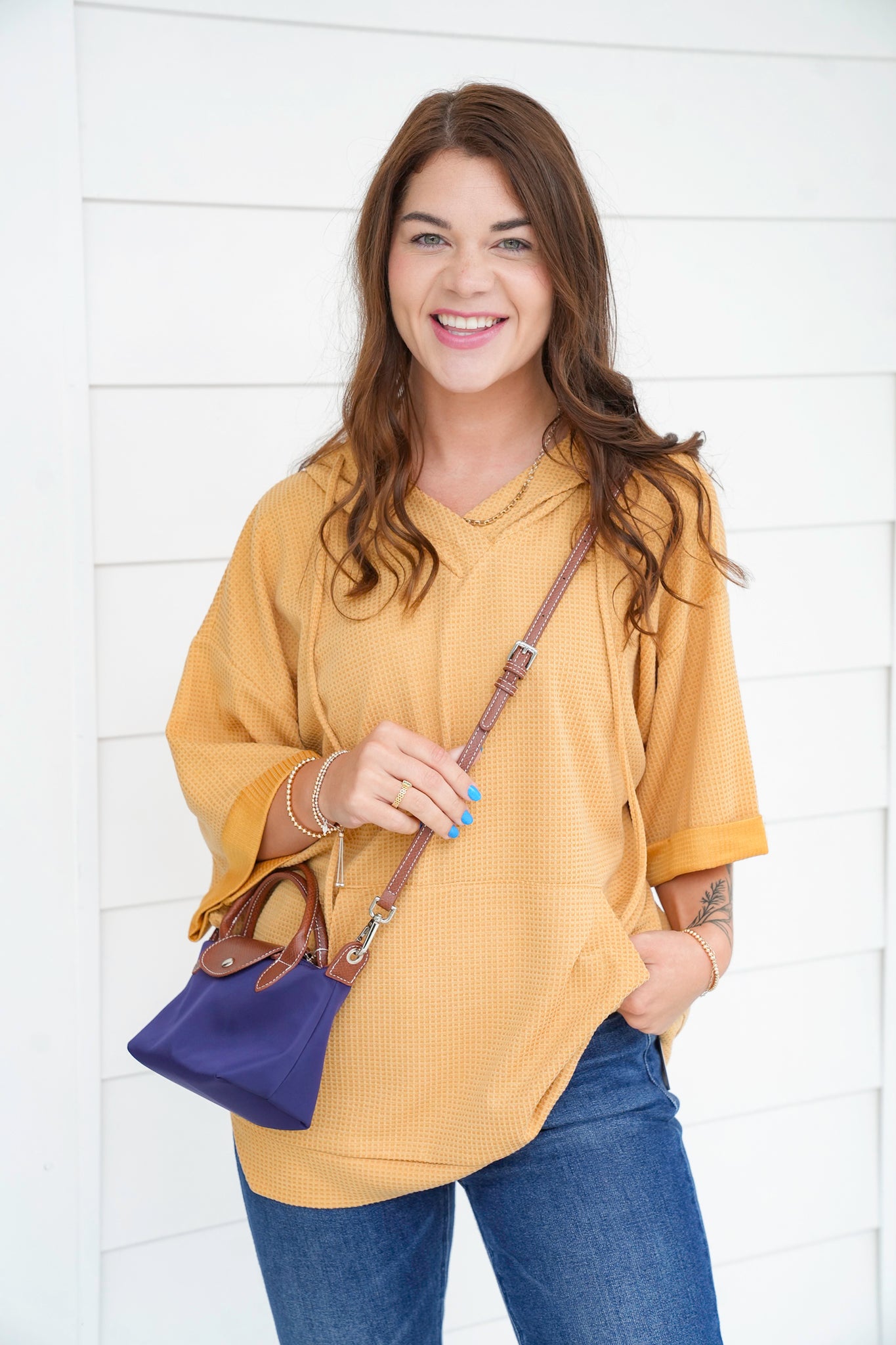 Door Buster! Plus/Reg Textured 3/4 Sleeve Hoodie Top with Front Pocket