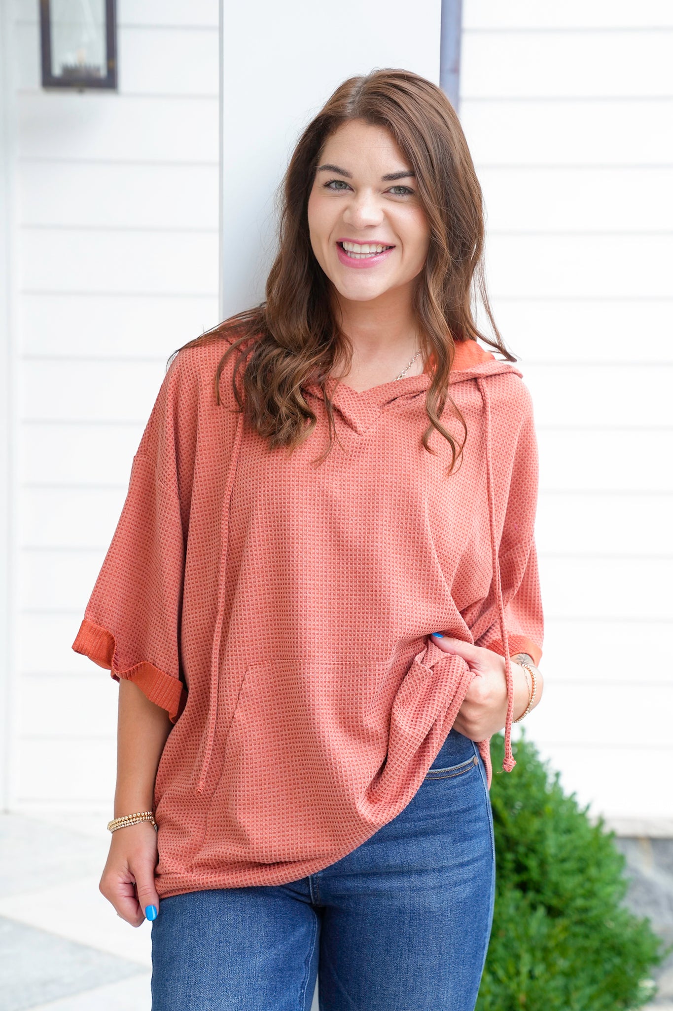 Door Buster! Plus/Reg Textured 3/4 Sleeve Hoodie Top with Front Pocket