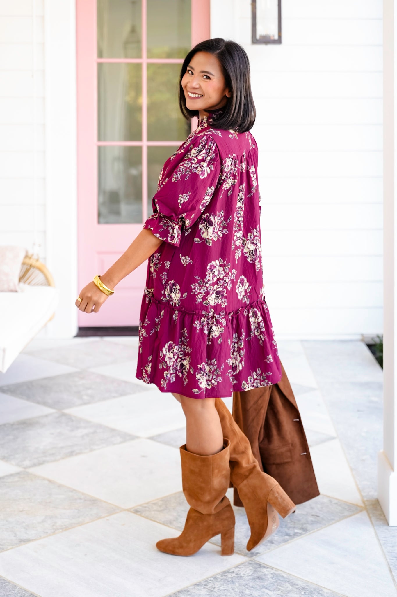 Floral Short Puff Sleeve Ruffle Hem Dress