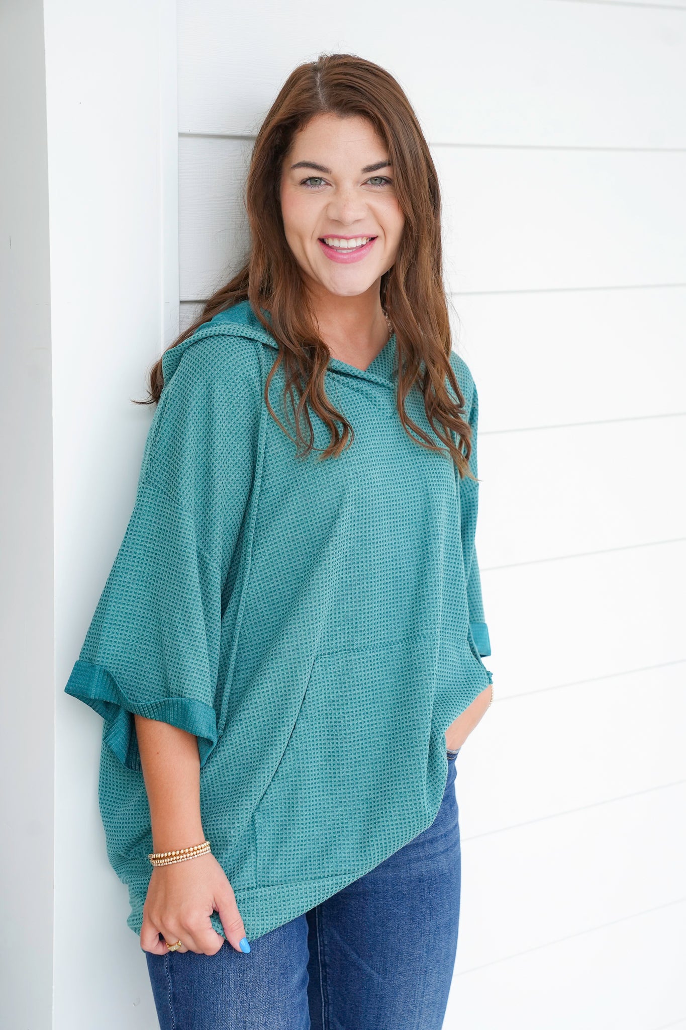 Door Buster! Plus/Reg Textured 3/4 Sleeve Hoodie Top with Front Pocket