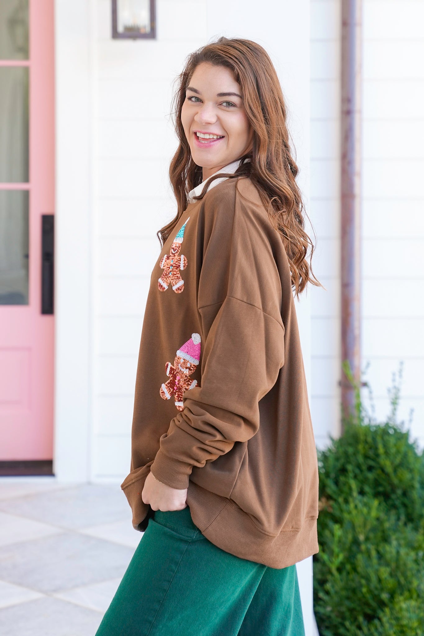 Long Sleeve Sequin Gingerbread Man Pullover Sweatshirt