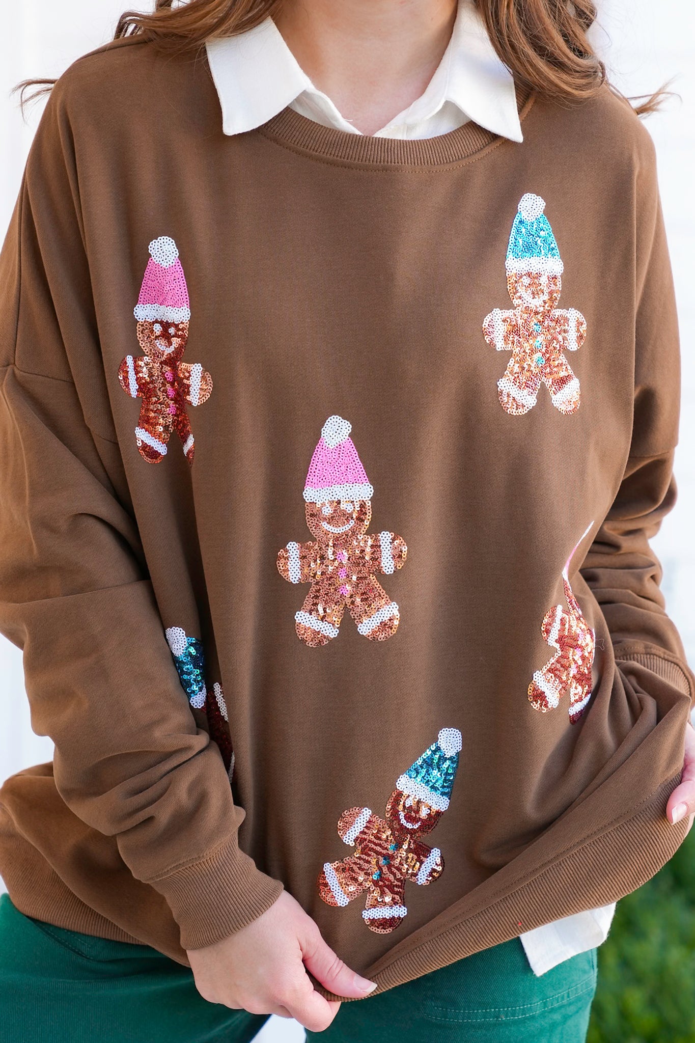 Long Sleeve Sequin Gingerbread Man Pullover Sweatshirt