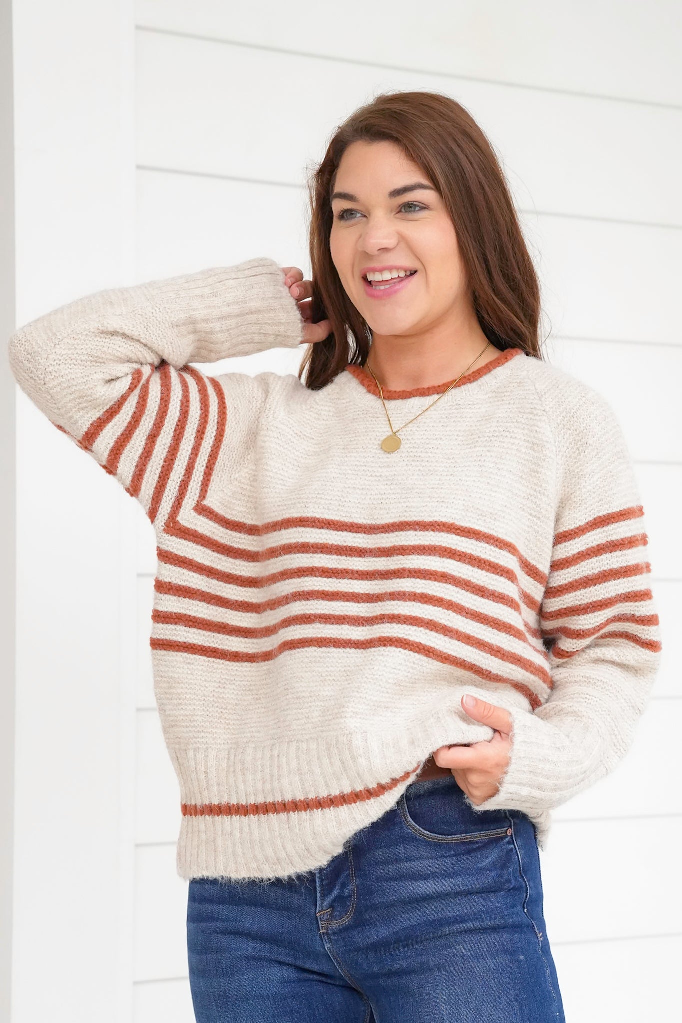 Plus/Reg Long Sleeve Crew Neck Striped Sweater