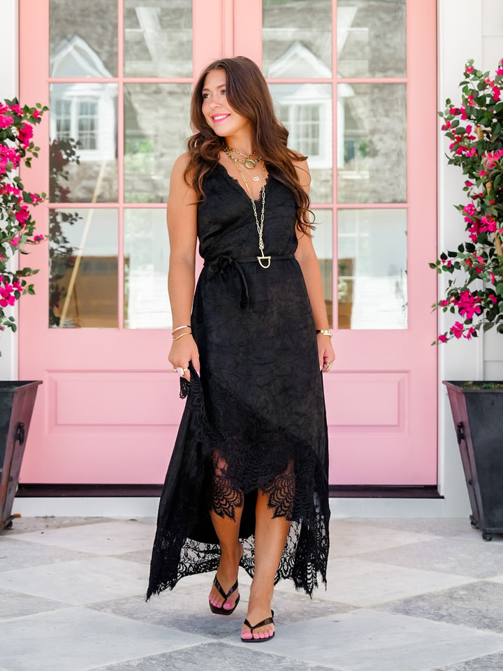 Black Sleeveless V-Neck Wrap Midi Dress with Lace Trim - Freckled Poppy