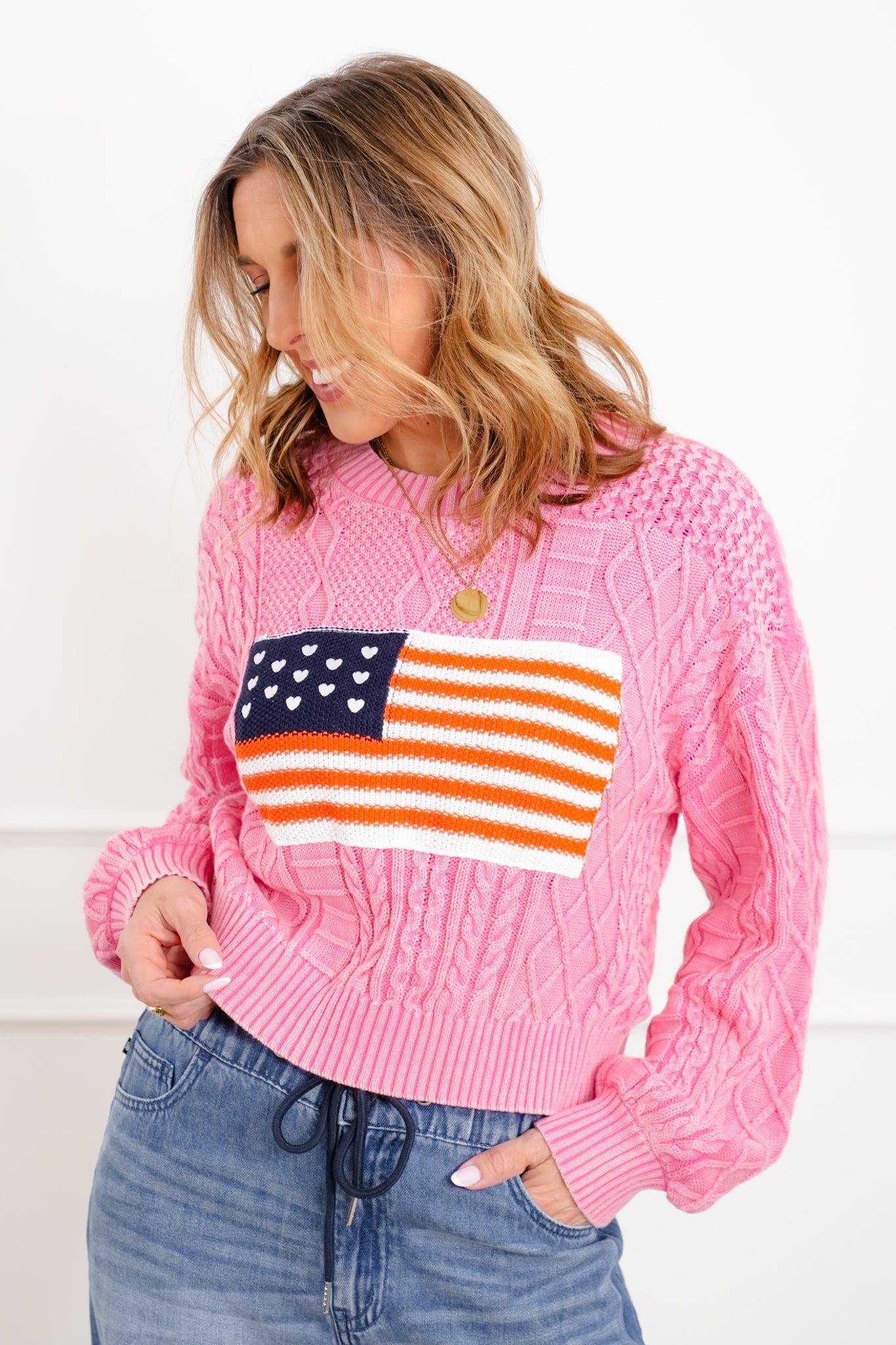 POL Long Sleeve Round Neck American Flag Sweater - Freckled Poppy