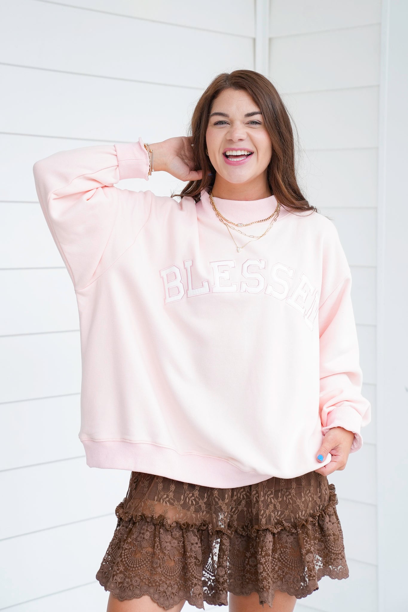 Long Sleeve Embroidered " Blessed" Pullover Sweatshirt