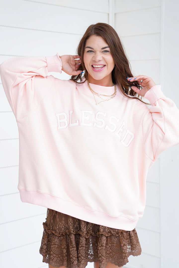 Long Sleeve Embroidered " Blessed"  Pullover Sweatshirt