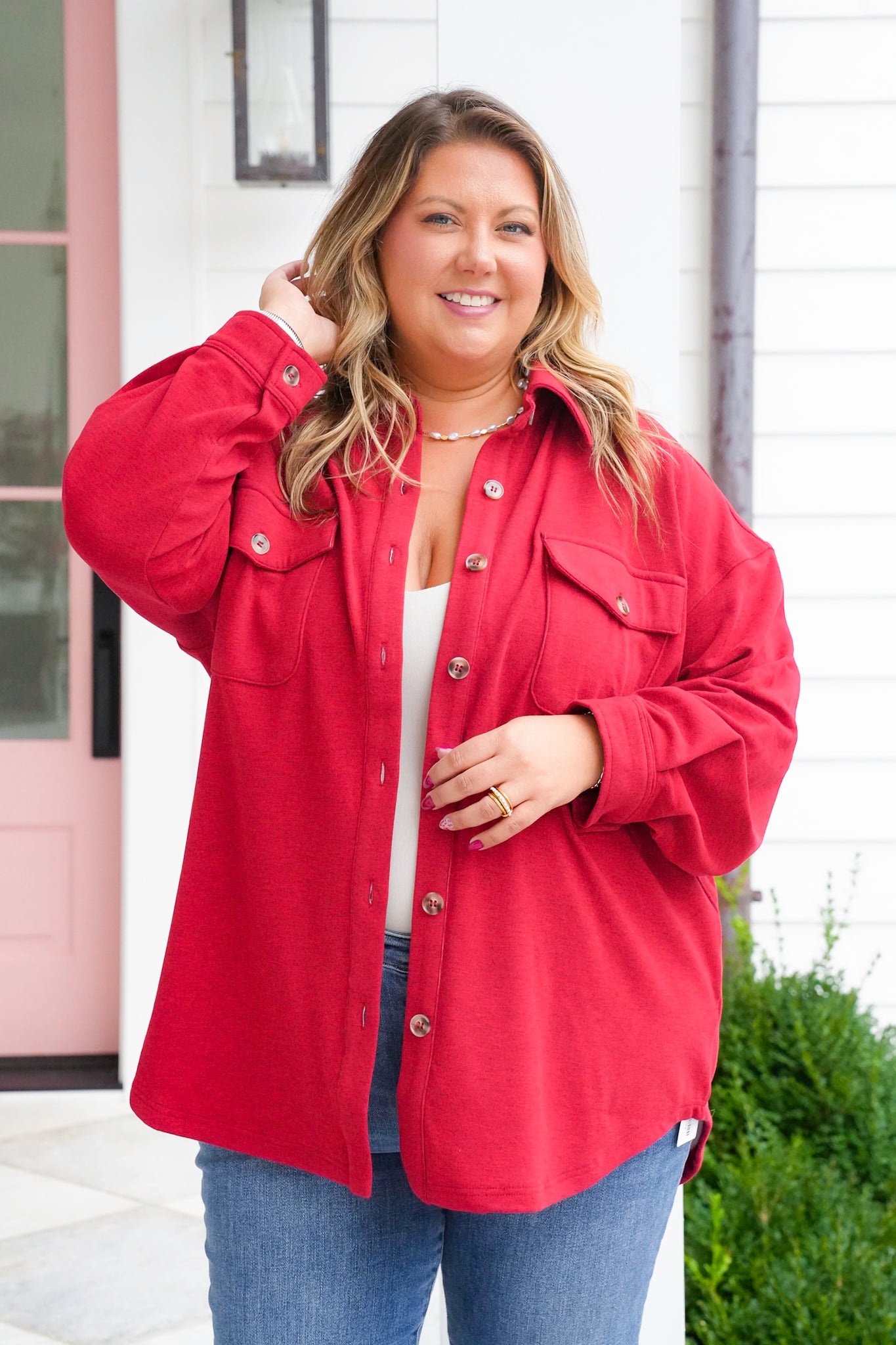 Plus/Reg Long Sleeve Button Down Knit Shacket