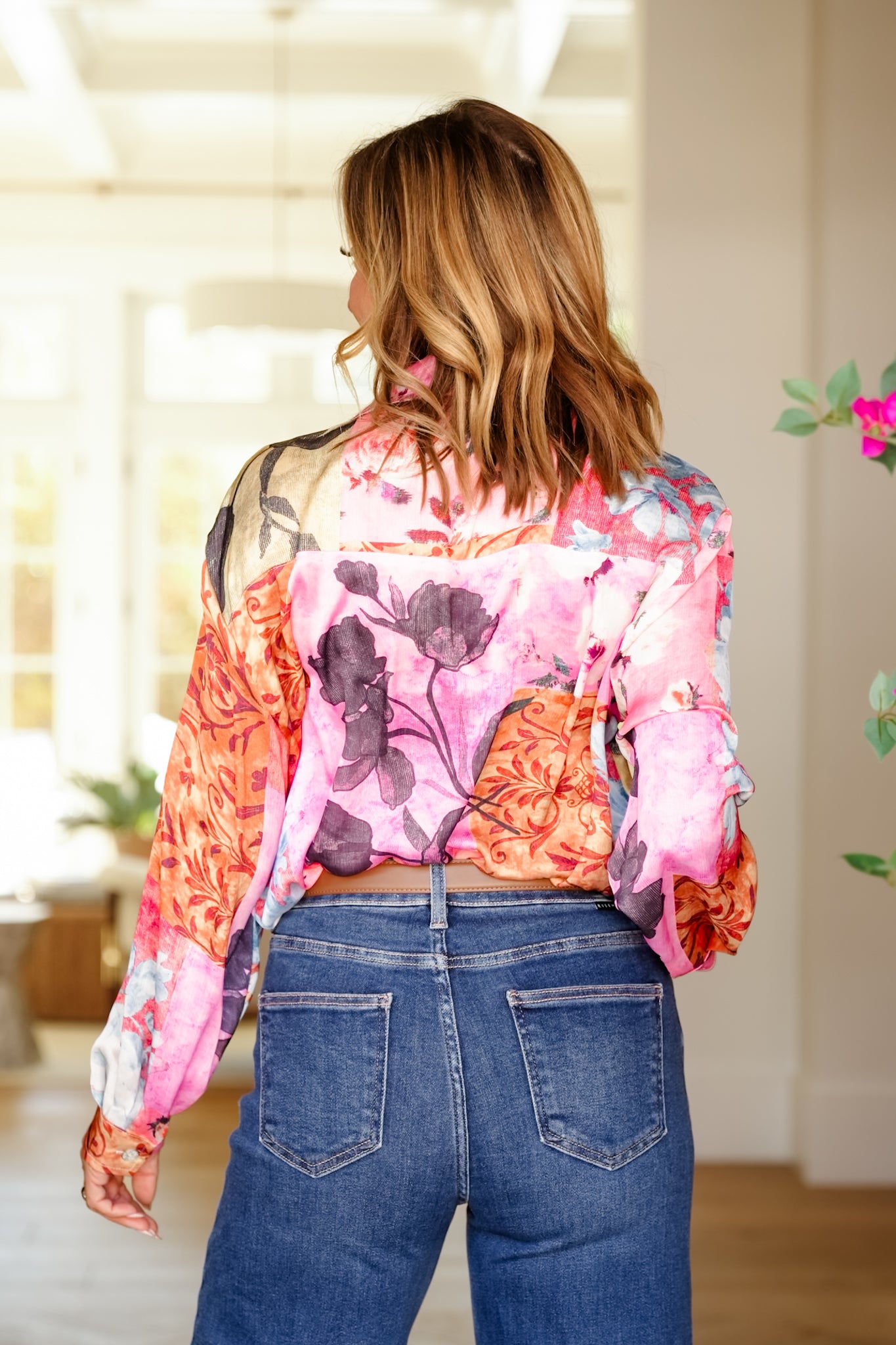 Floral Pattern Long Sleeve Button Up Blouse