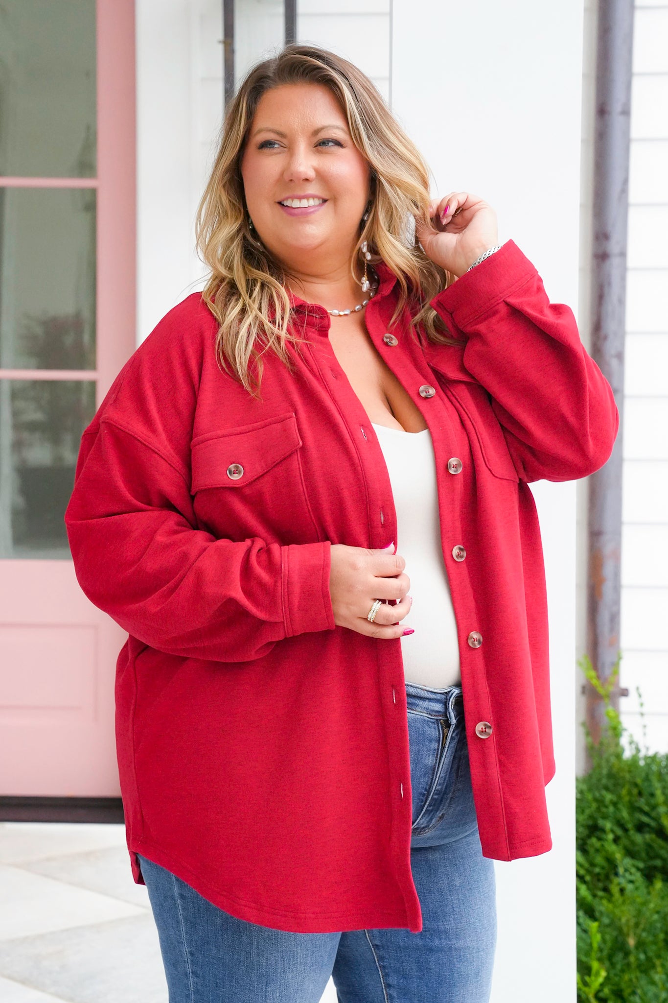 Plus/Reg Long Sleeve Button Down Knit Shacket