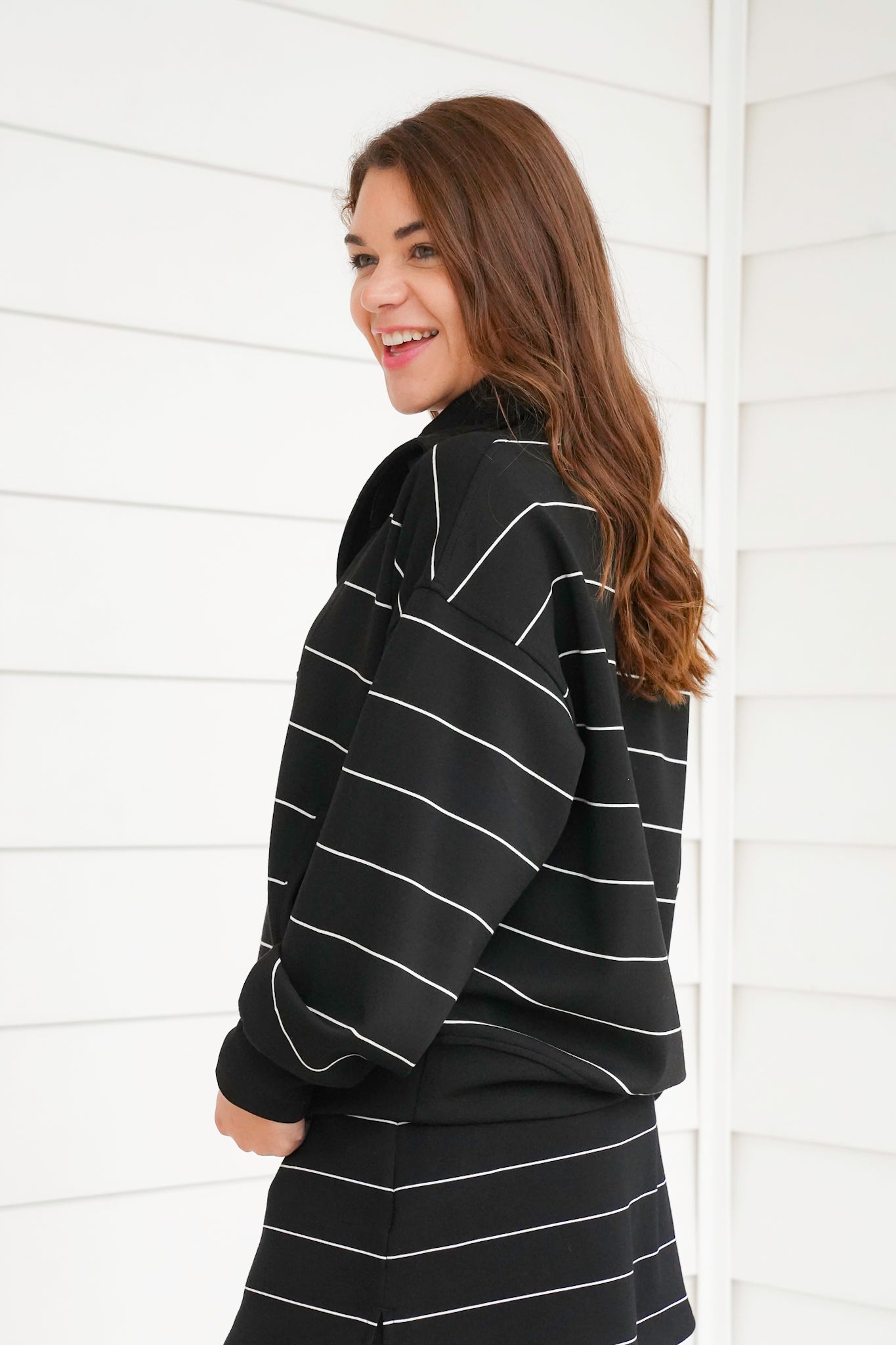 Plus/Reg Scuba Stripe Long Sleeve Quarter Zip Top