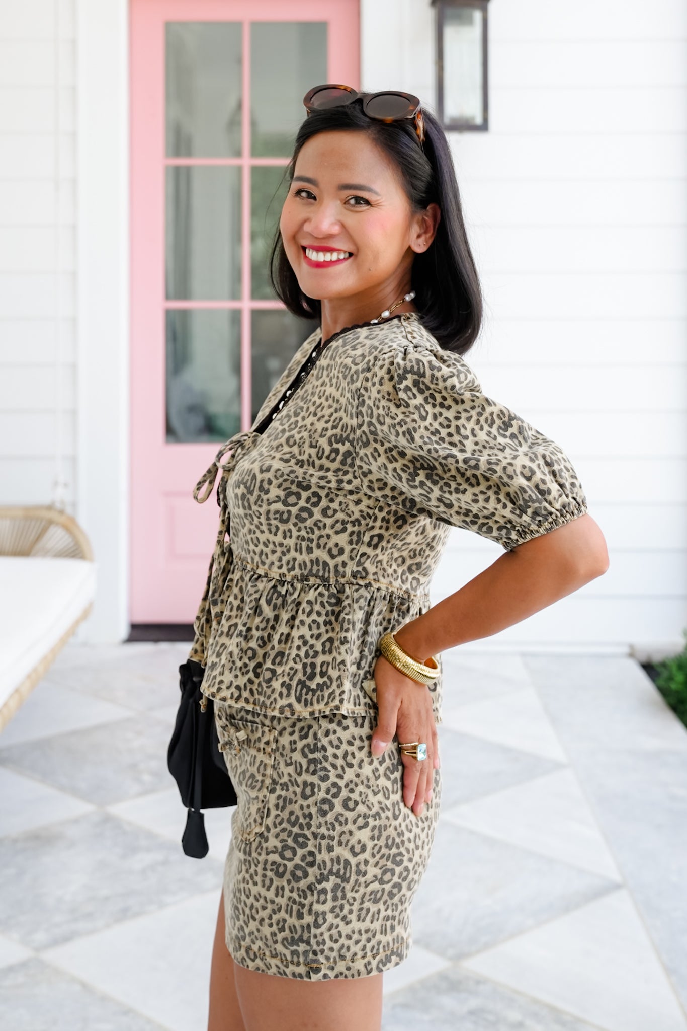 Leopard Print Short Sleeve Front Tie Top