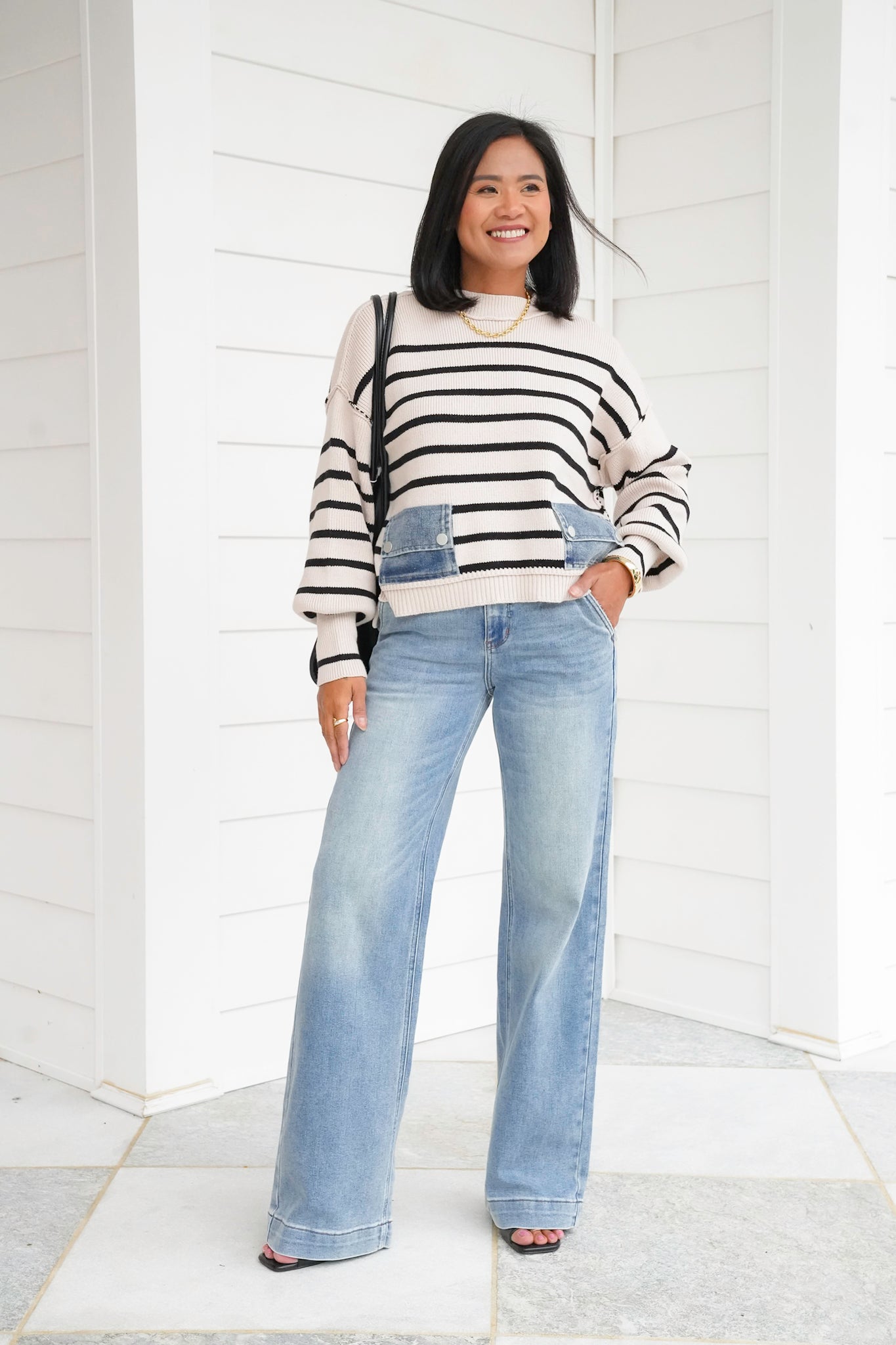 Plus/Reg Striped Crew Neck Sweater with Denim Pockets