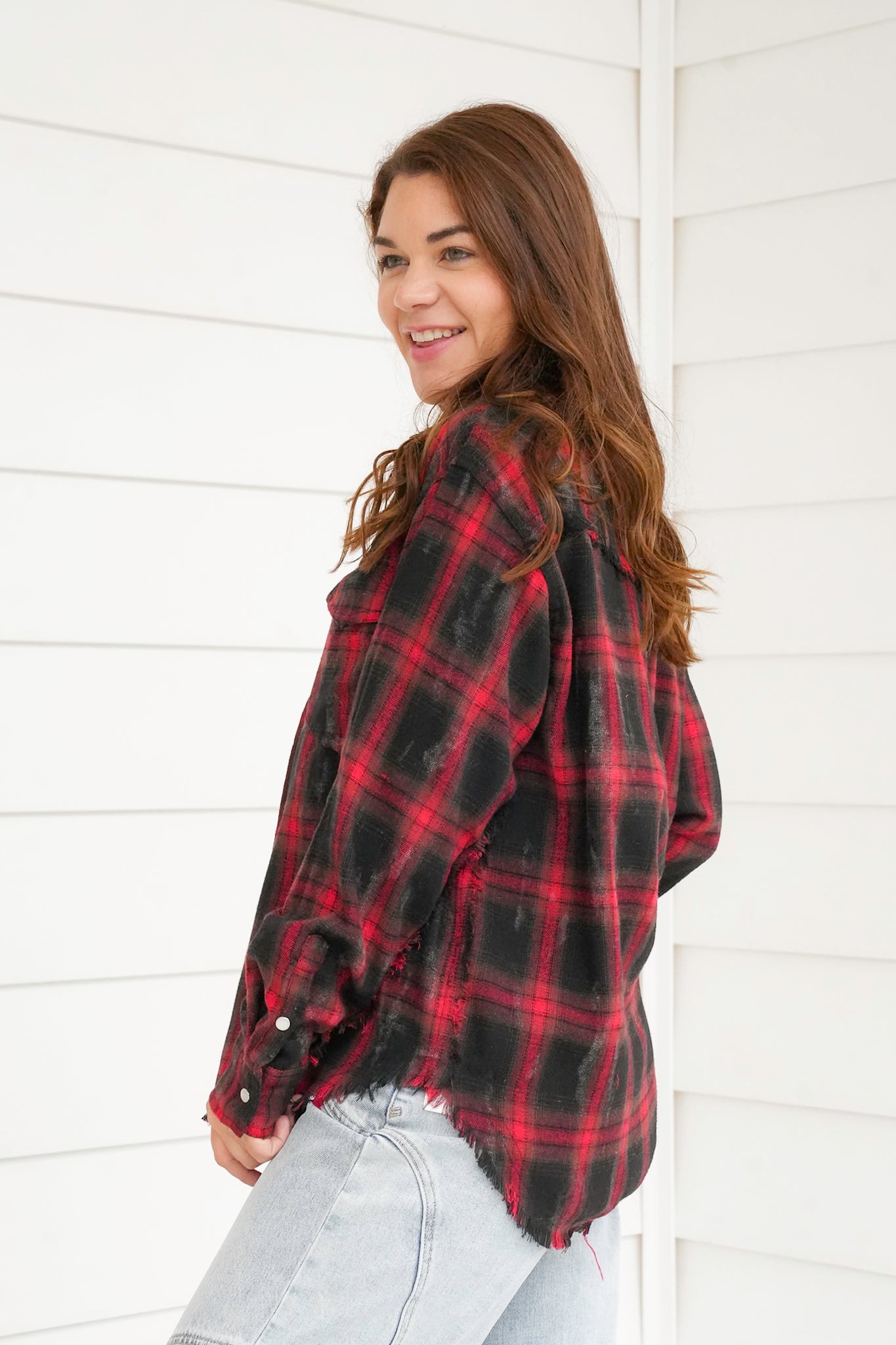 Plus/Reg Plaid Long Sleeve Button Down Top