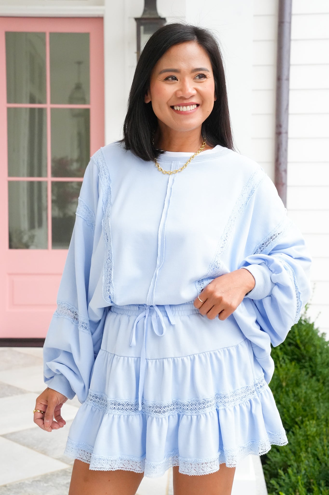Lace Trim Long Sleeve Pullover Top and Skort Set
