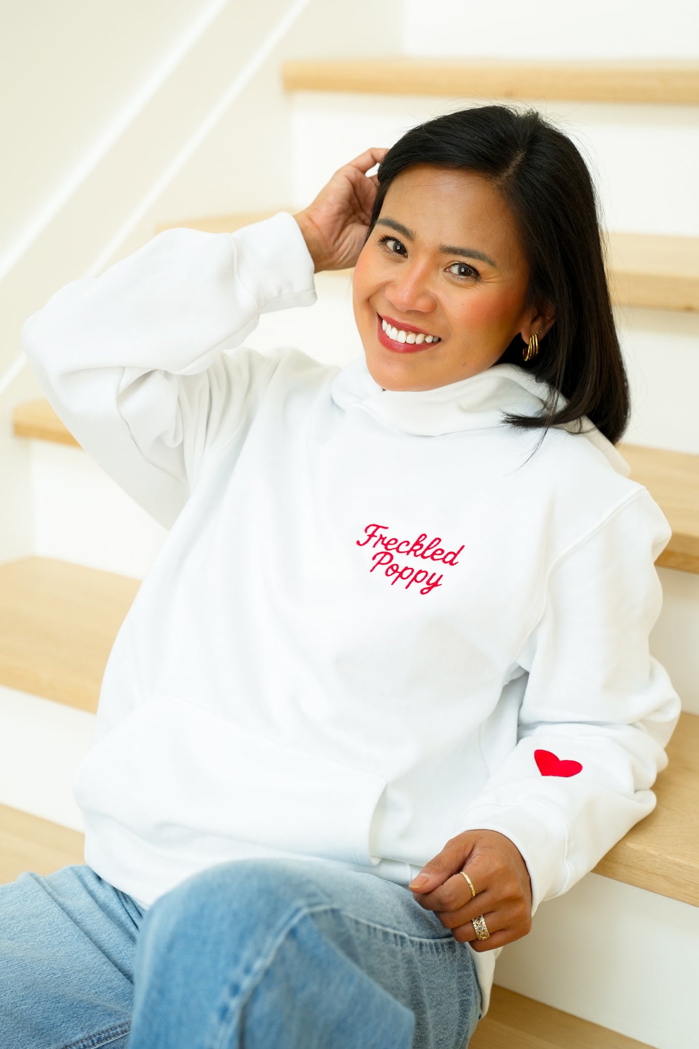 Plus/Reg Long Sleeve Embroidered "Freckled Poppy" Graphic Hoodie with Heart