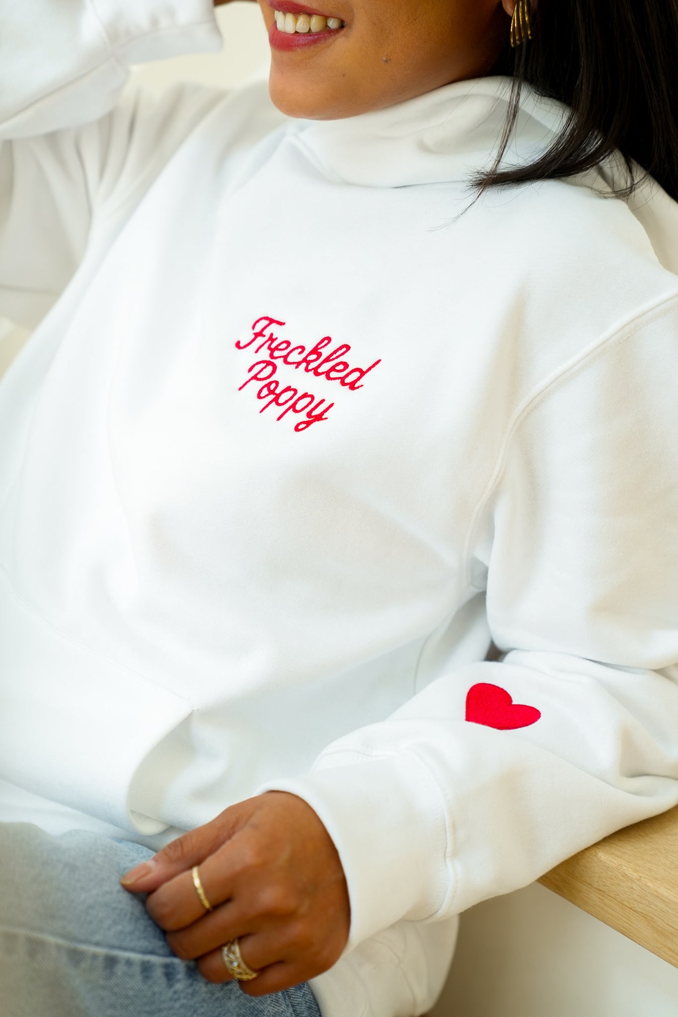 Plus/Reg Long Sleeve Embroidered "Freckled Poppy" Graphic Hoodie with Heart