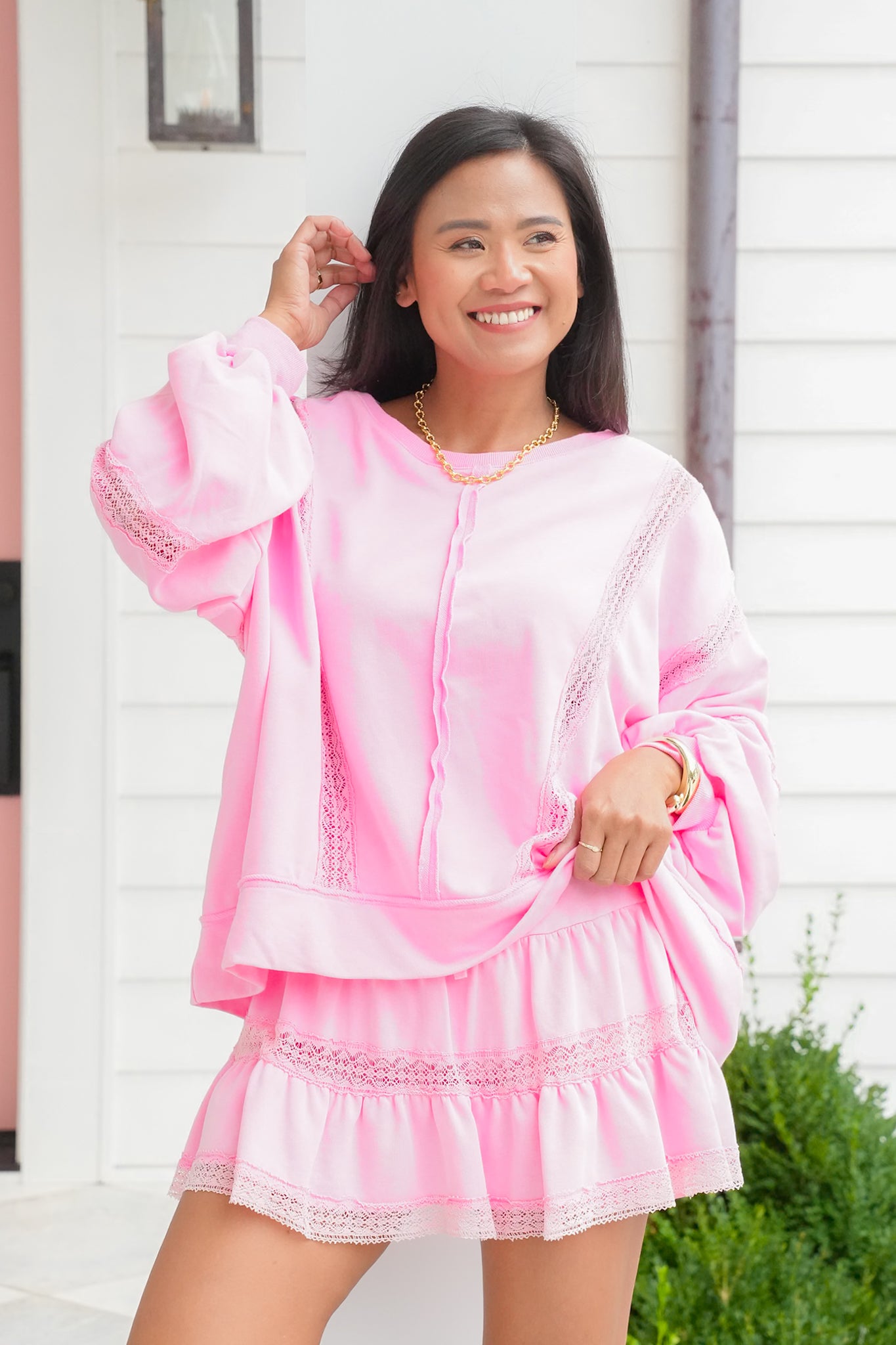 Lace Trim Long Sleeve Pullover Top and Skort Set