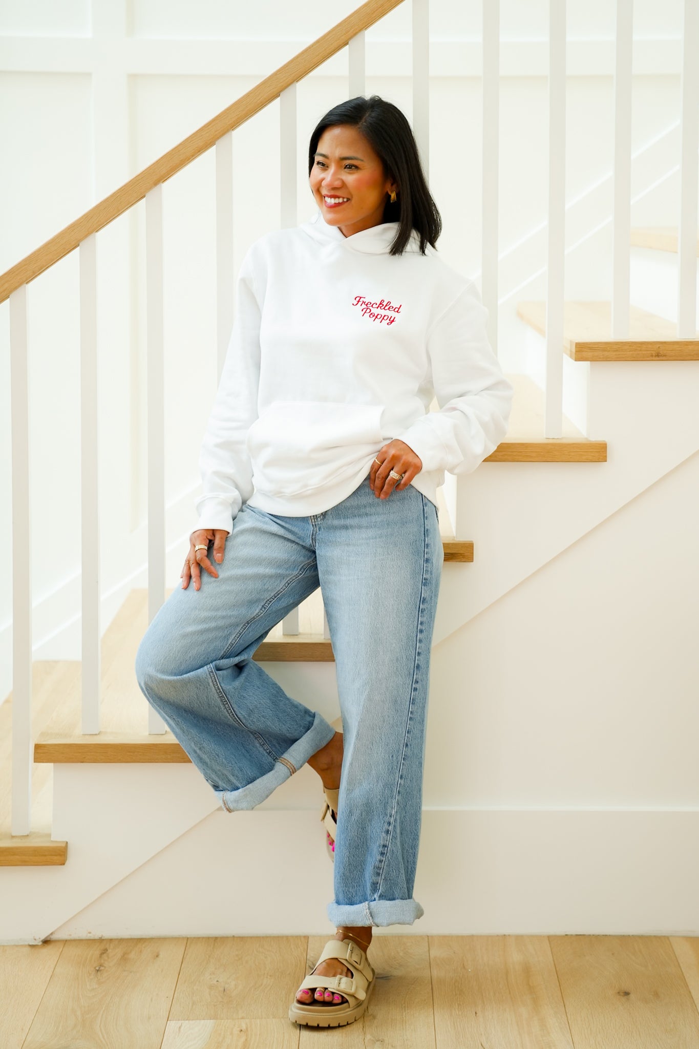 Plus/Reg Long Sleeve Embroidered "Freckled Poppy" Graphic Hoodie with Heart