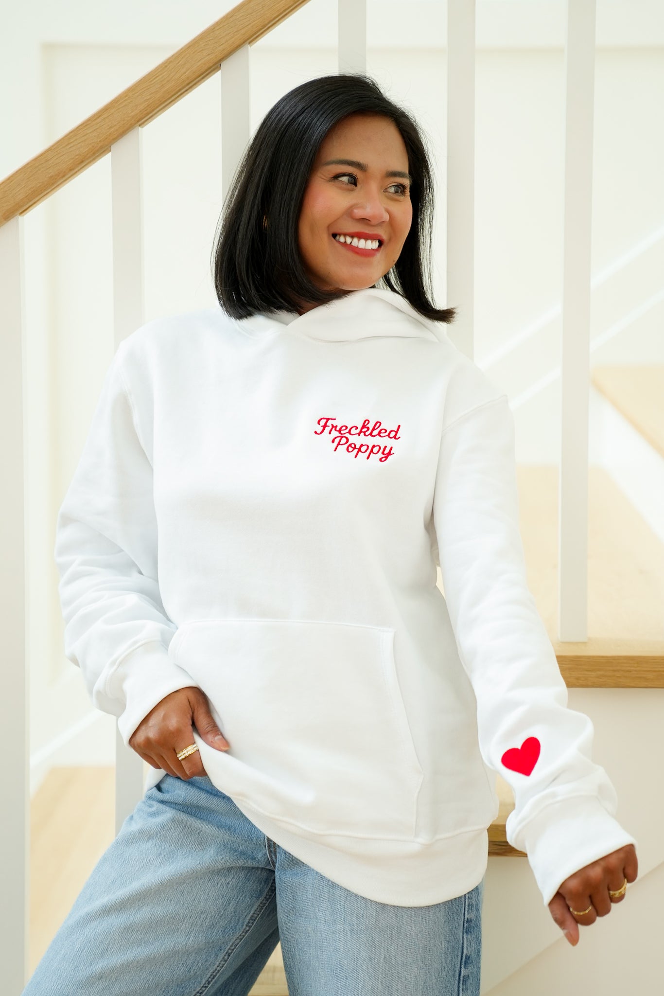 Plus/Reg Long Sleeve Embroidered "Freckled Poppy" Graphic Hoodie with Heart