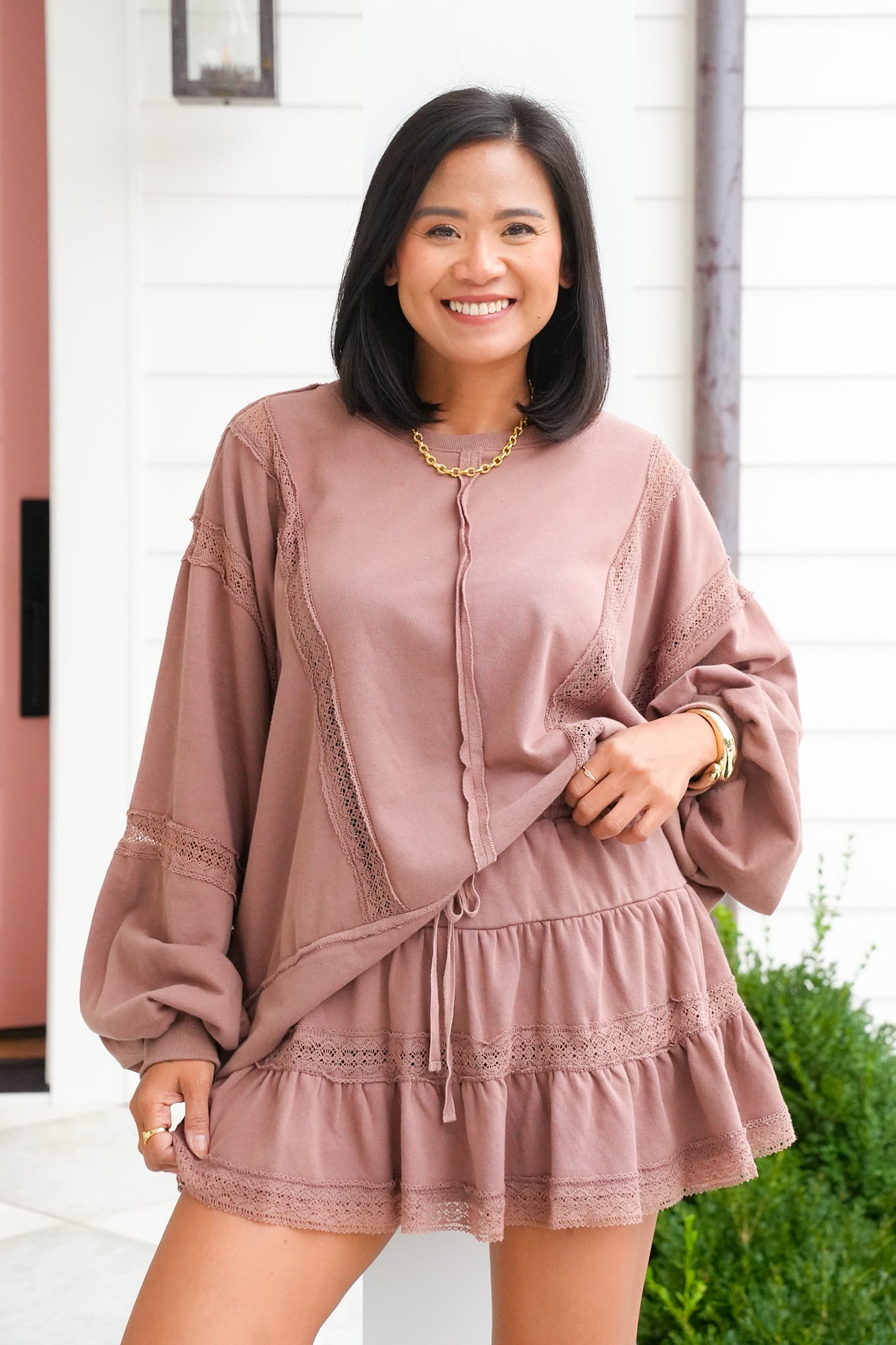Lace Trim Long Sleeve Pullover Top and Skort Set