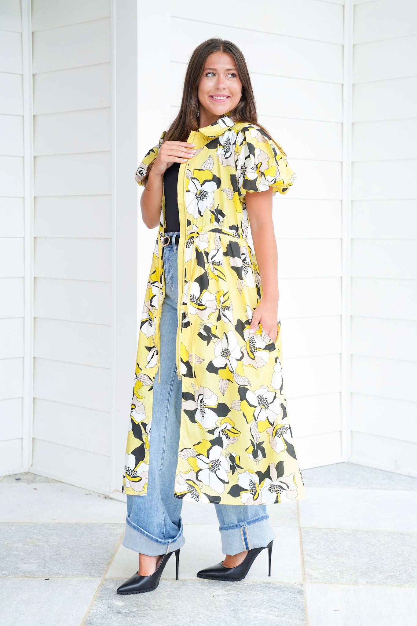 Floral Print Short Puff Sleeve Zip-Up Midi Dress