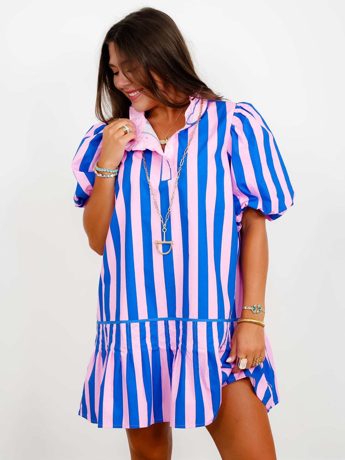 Striped Bubble Sleeve Mini Dress With Ruffle Trim