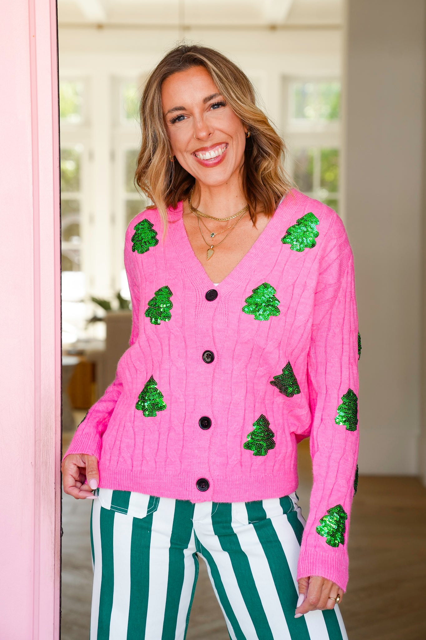 Plus/Reg Sequin Trees Long Sleeve Button Down Cardigan