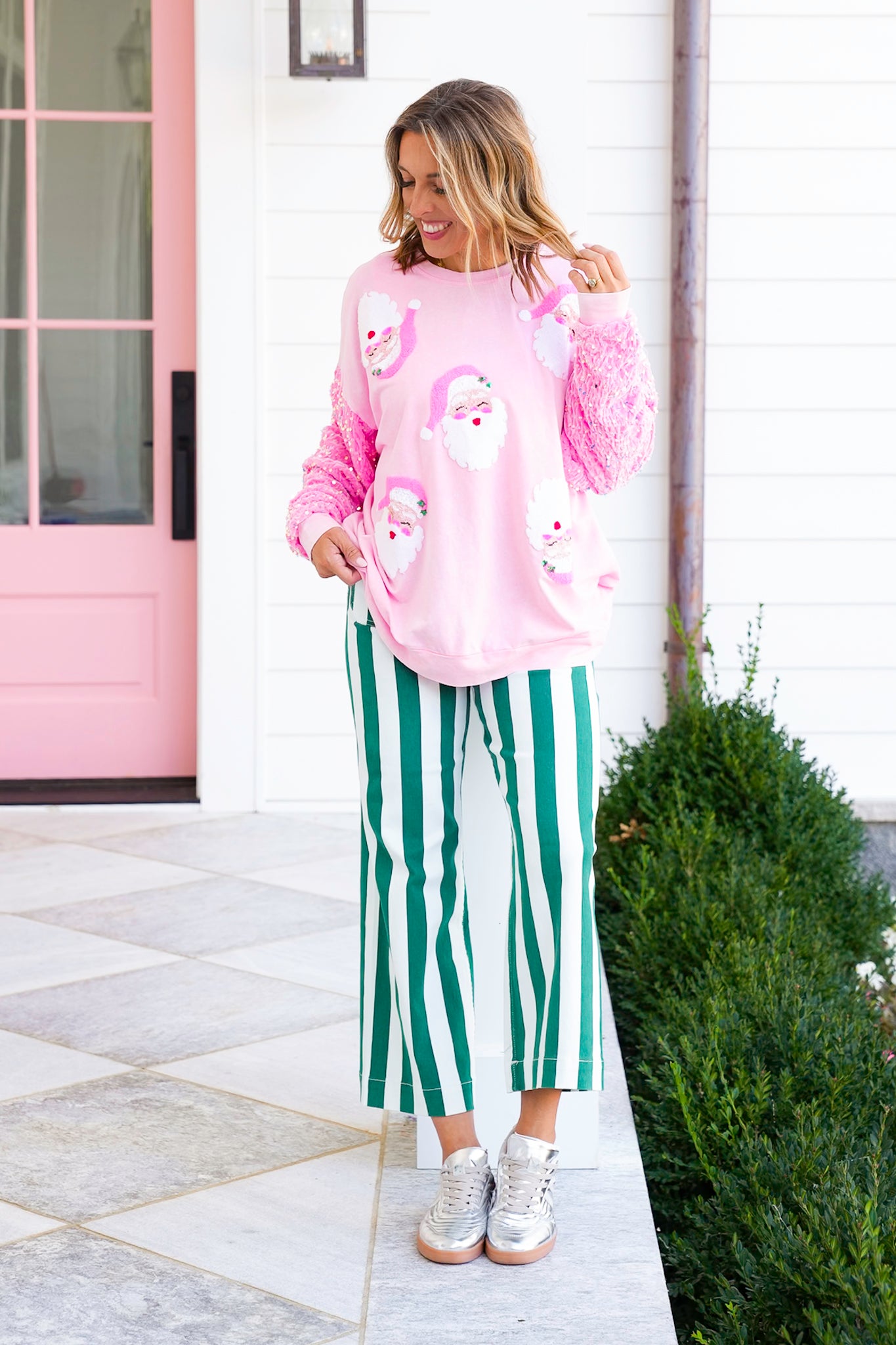 Long Sequin Sleeve Santa Pullover Top