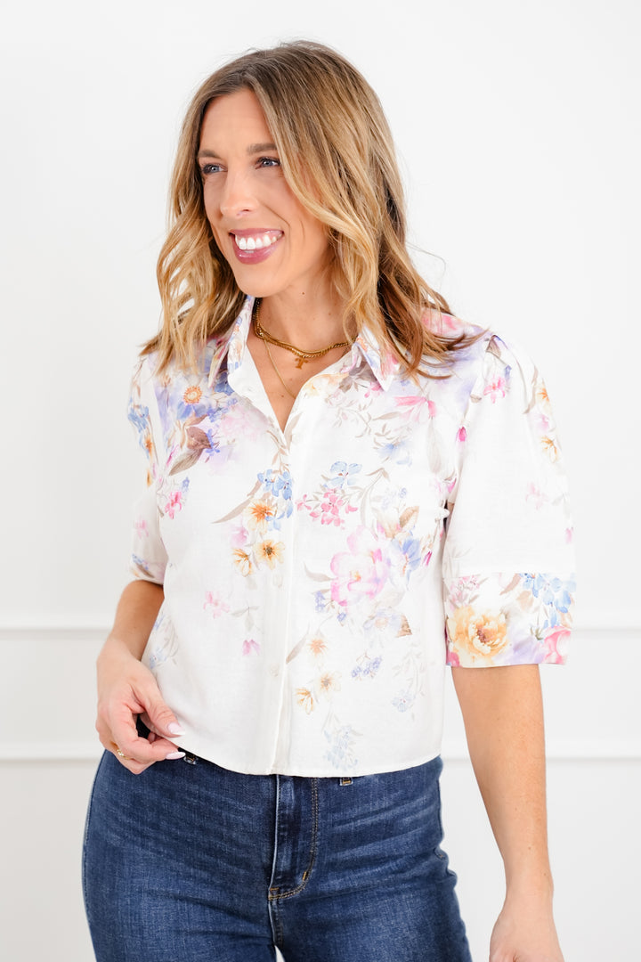Floral Print Short Sleeve Button Down Crop Top