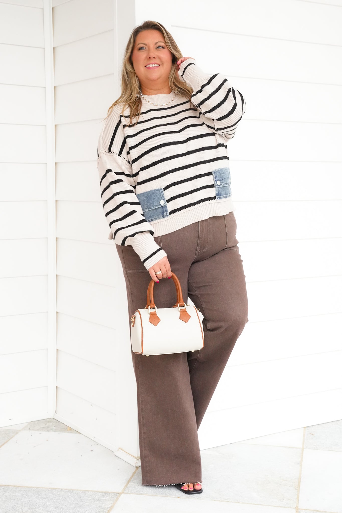 Plus/Reg Striped Crew Neck Sweater with Denim Pockets