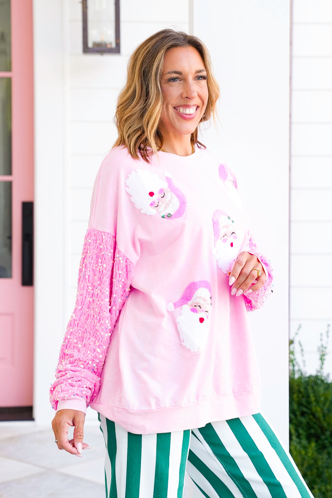 Long Sequin Sleeve Santa Pullover Top