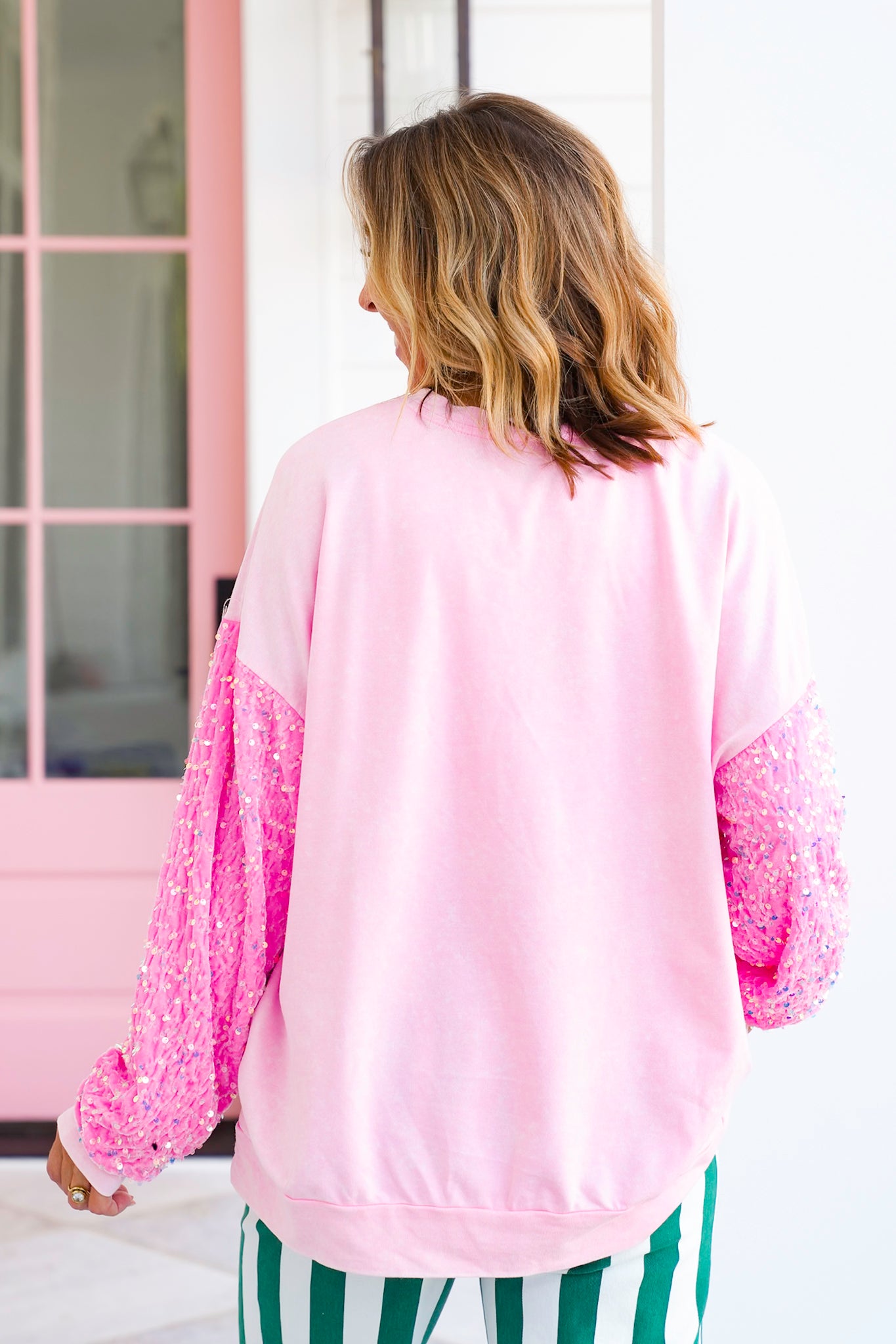Long Sequin Sleeve Santa Pullover Top