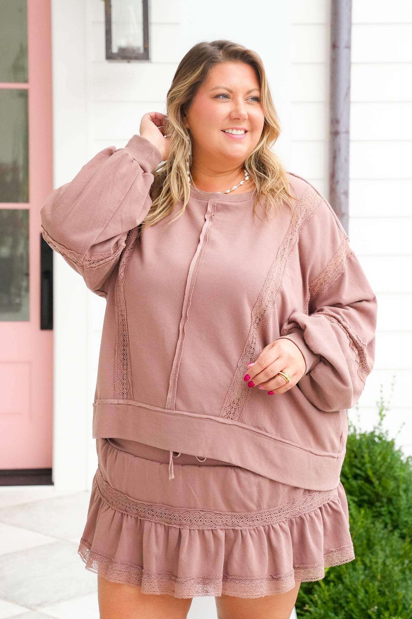 Lace Trim Long Sleeve Pullover Top and Skort Set