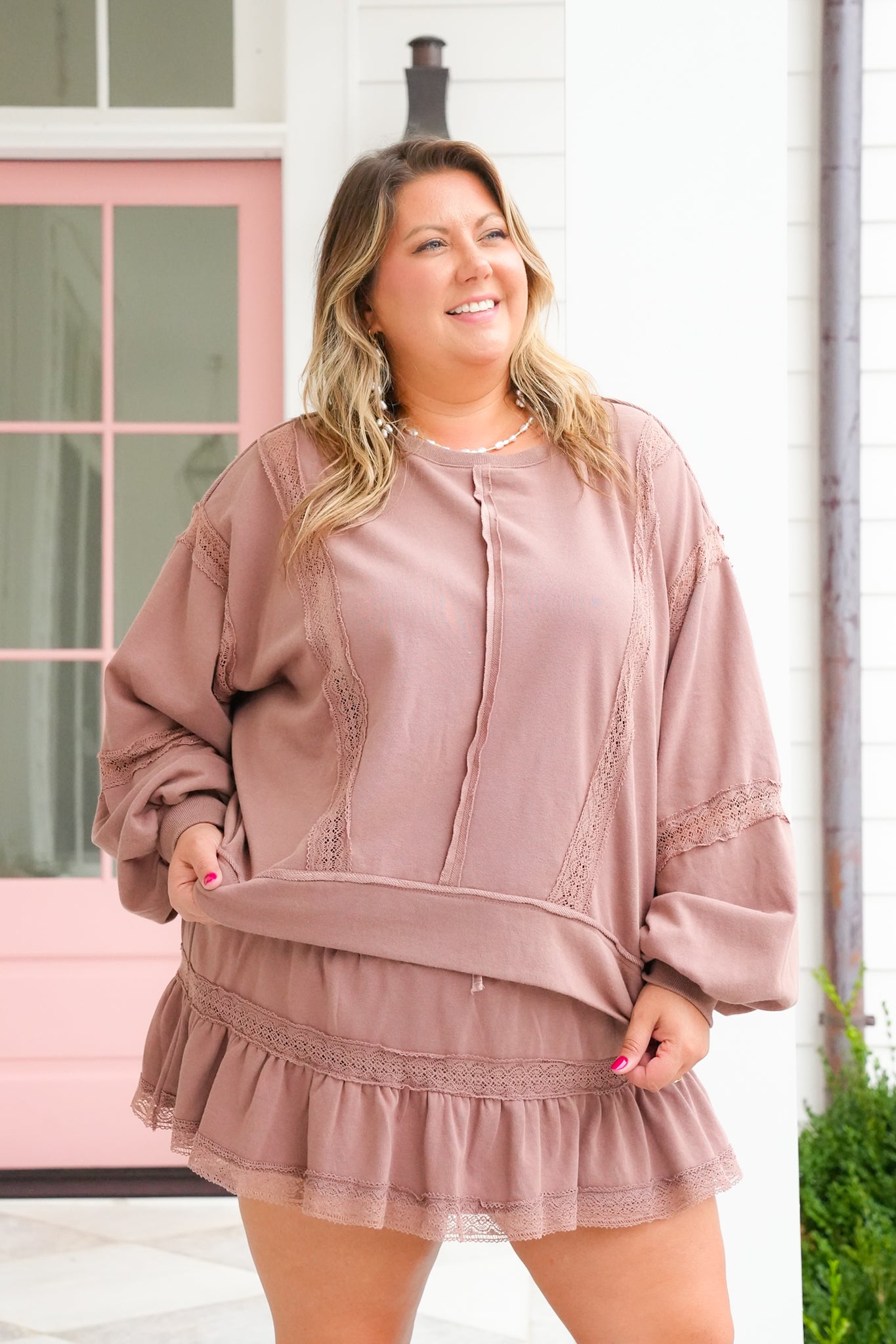 Lace Trim Long Sleeve Pullover Top and Skort Set