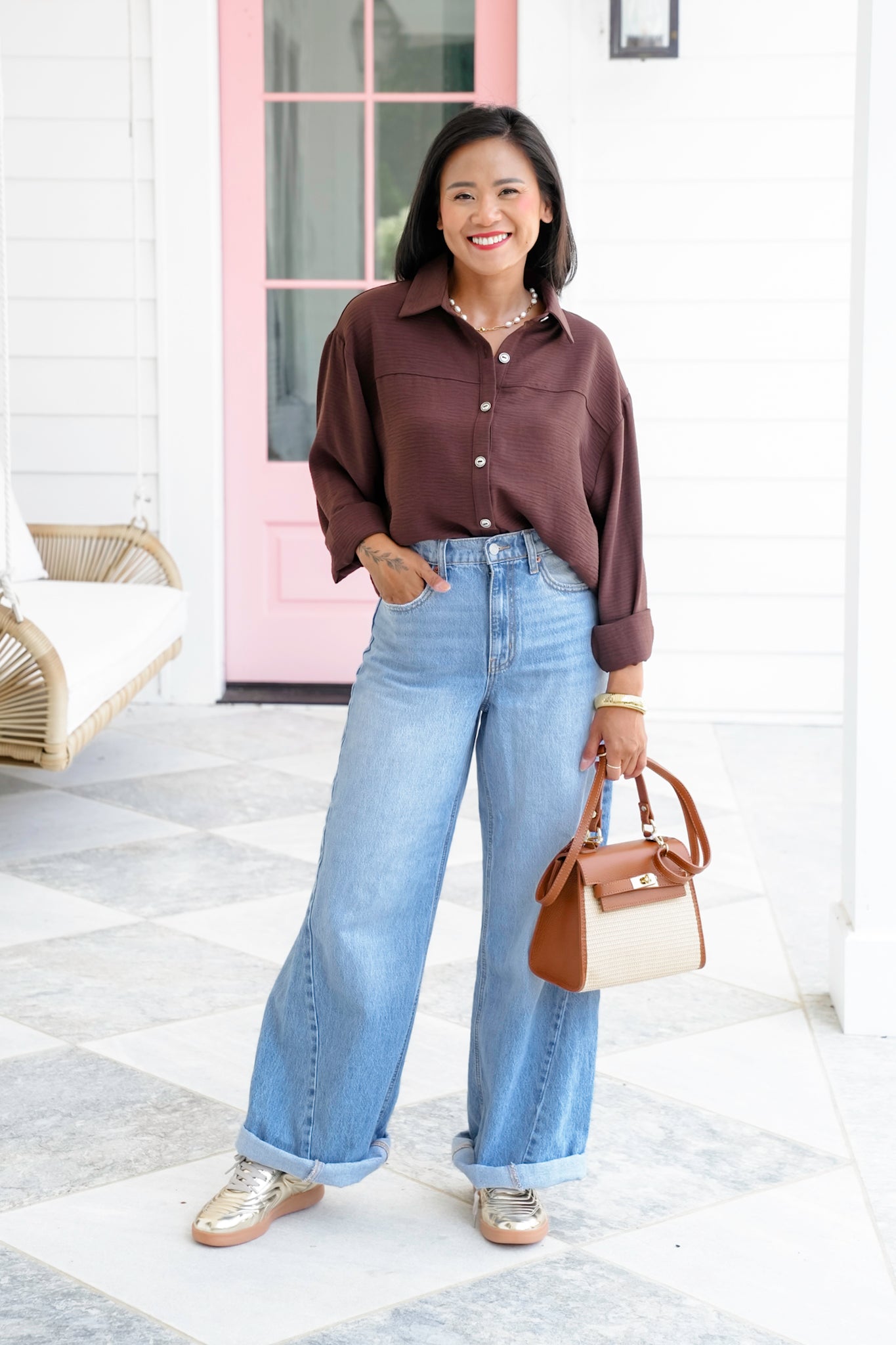Plus/Reg Textured Long Sleeve Button Down Blouse