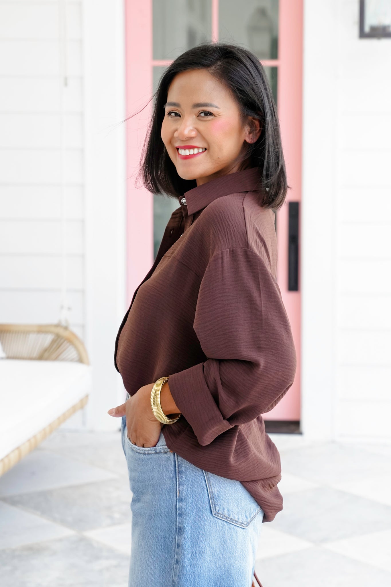 Plus/Reg Textured Long Sleeve Button Down Blouse
