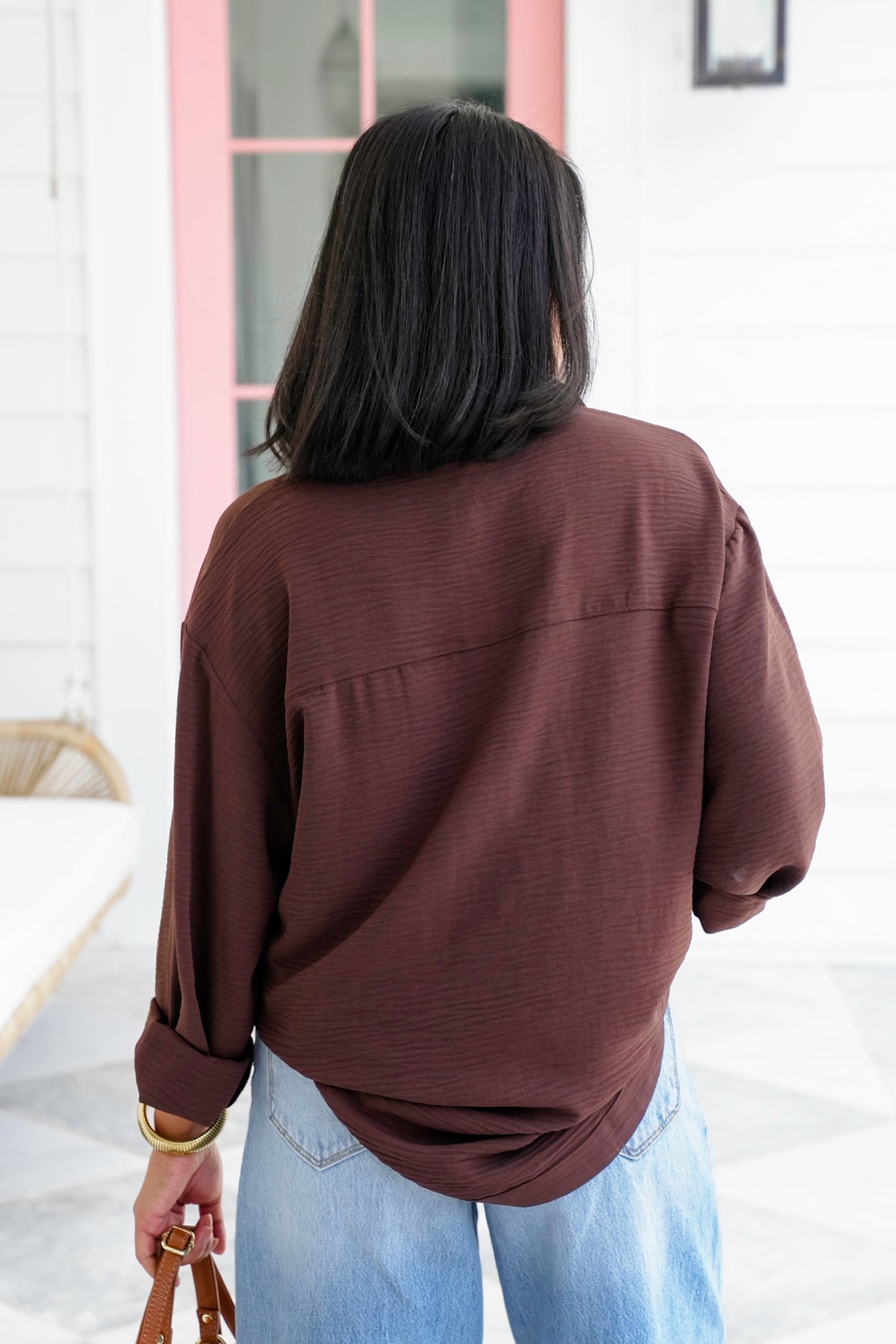 Plus/Reg Textured Long Sleeve Button Down Blouse