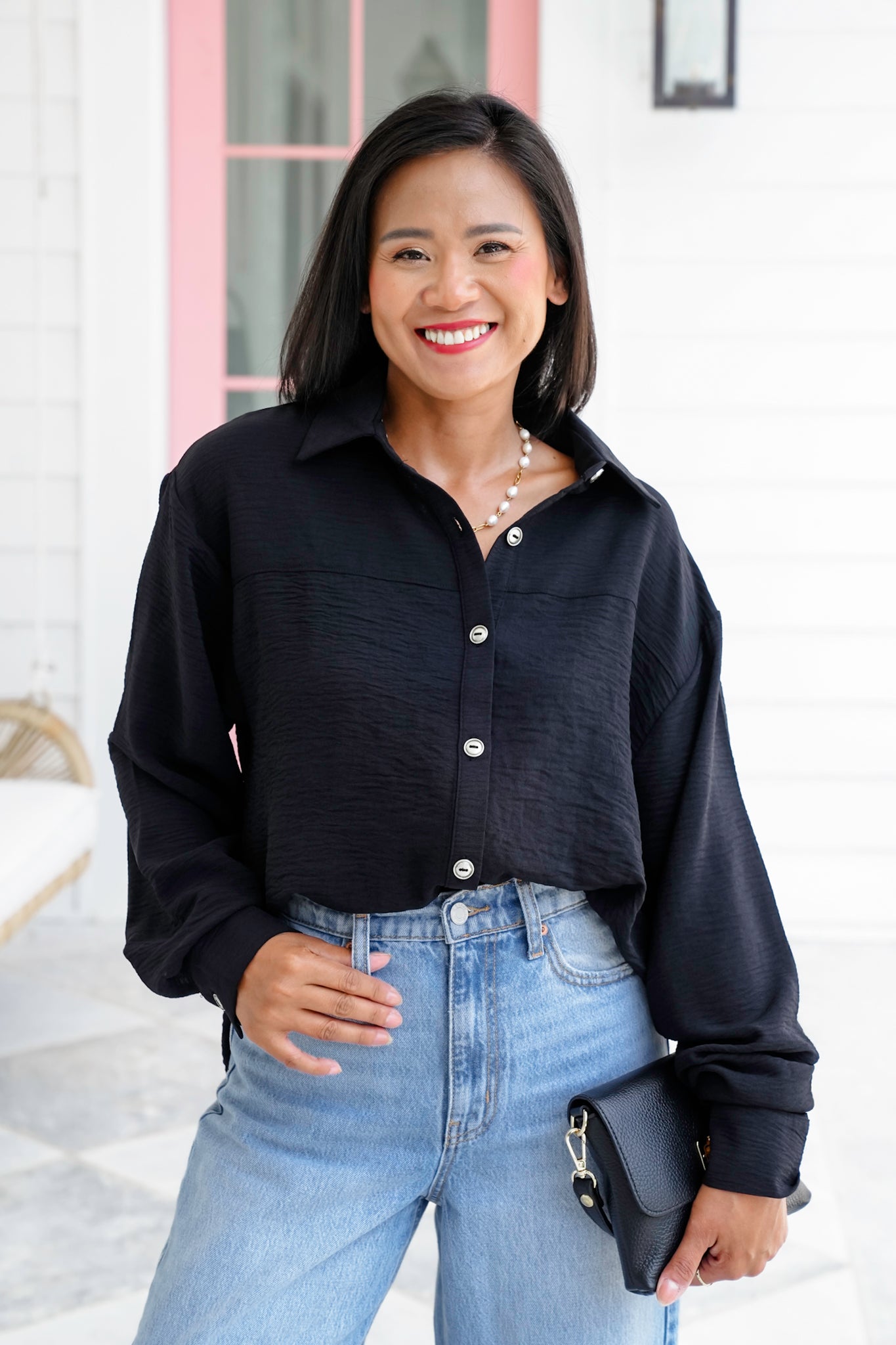 Plus/Reg Textured Long Sleeve Button Down Blouse