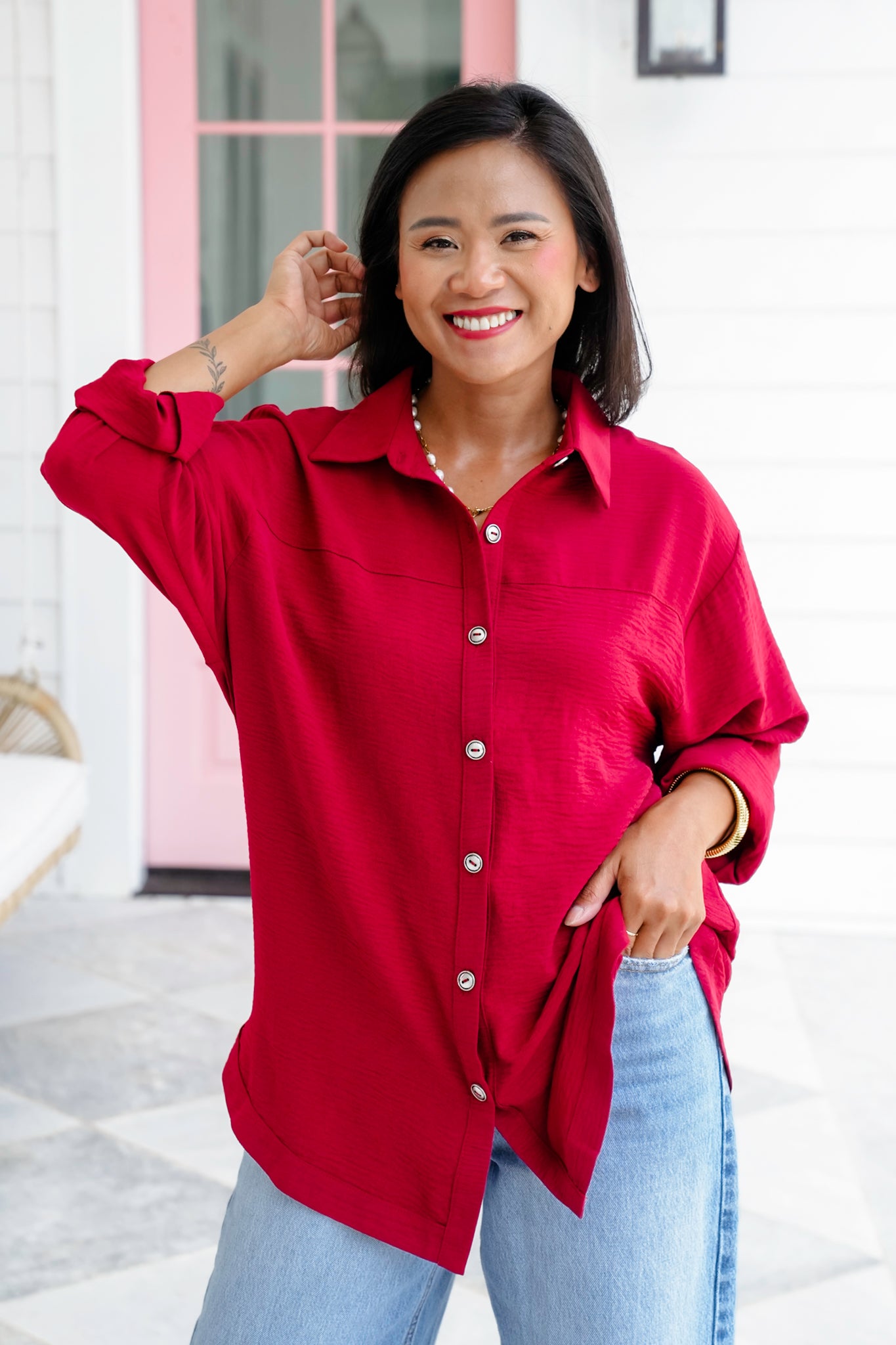 Plus/Reg Textured Long Sleeve Button Down Blouse