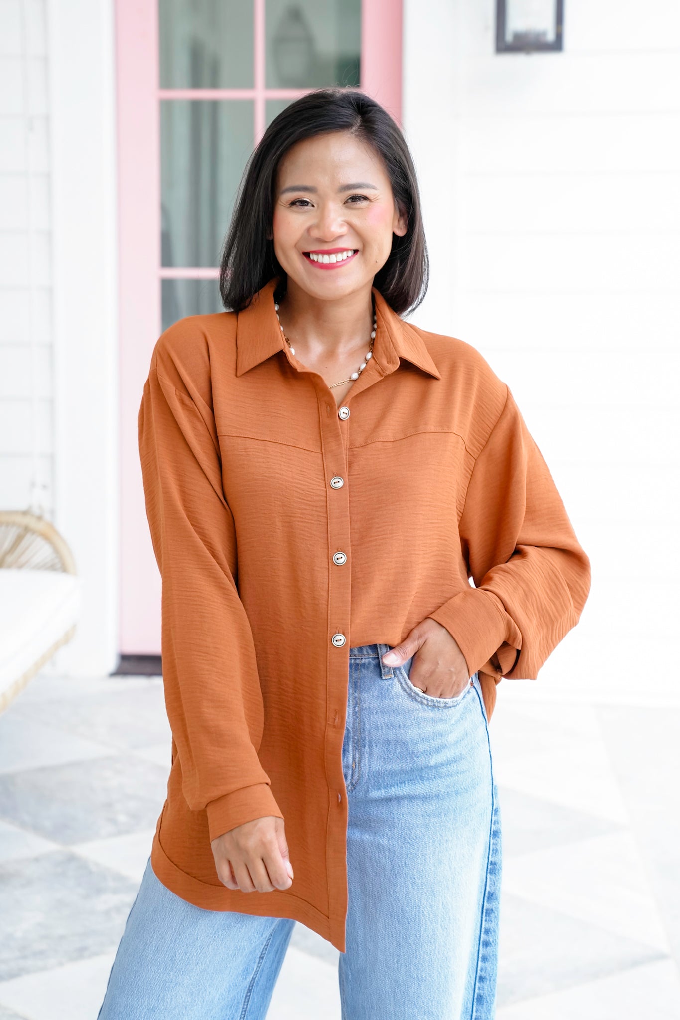 Plus/Reg Textured Long Sleeve Button Down Blouse