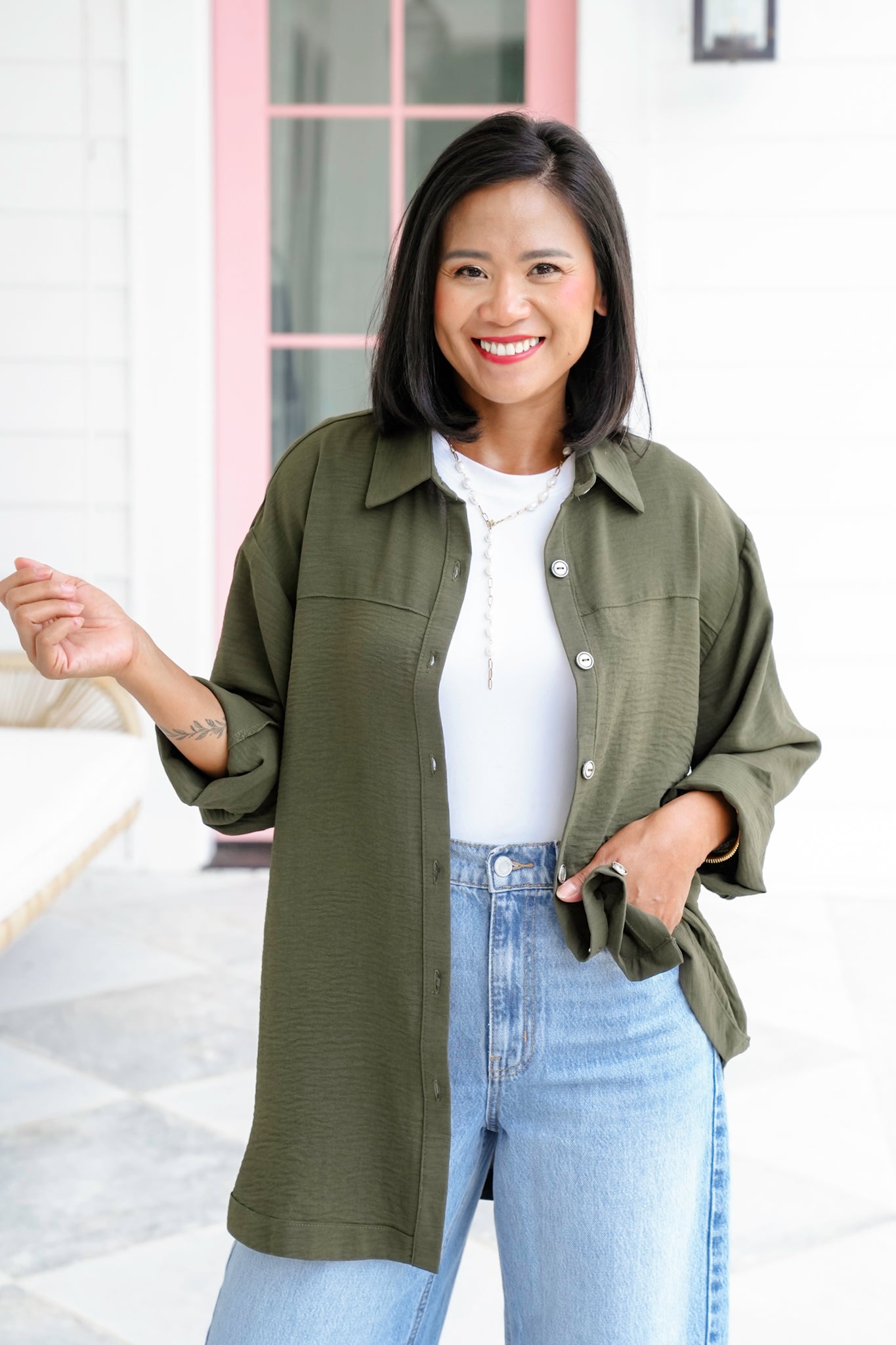 Plus/Reg Textured Long Sleeve Button Down Blouse