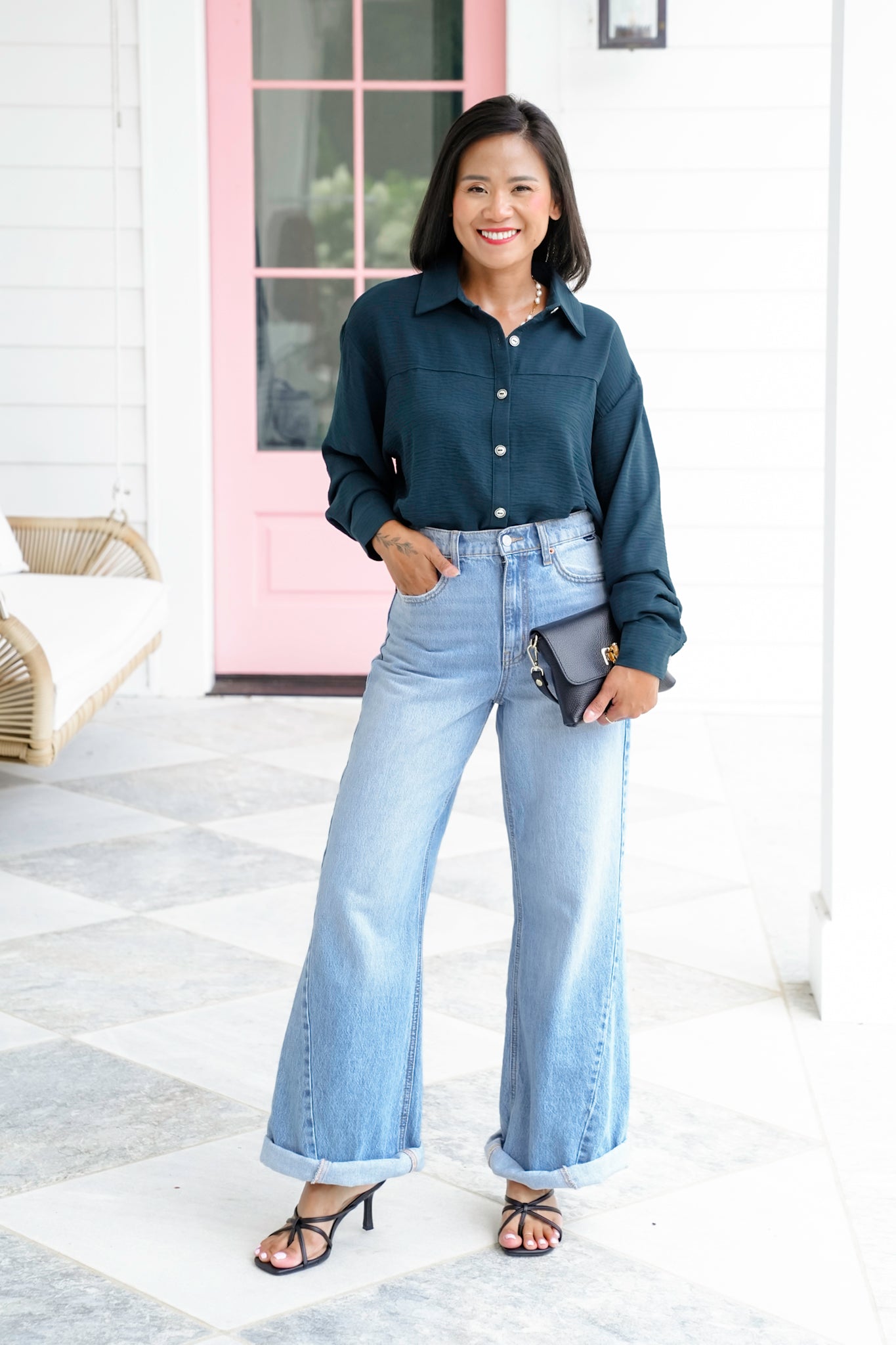 Plus/Reg Textured Long Sleeve Button Down Blouse