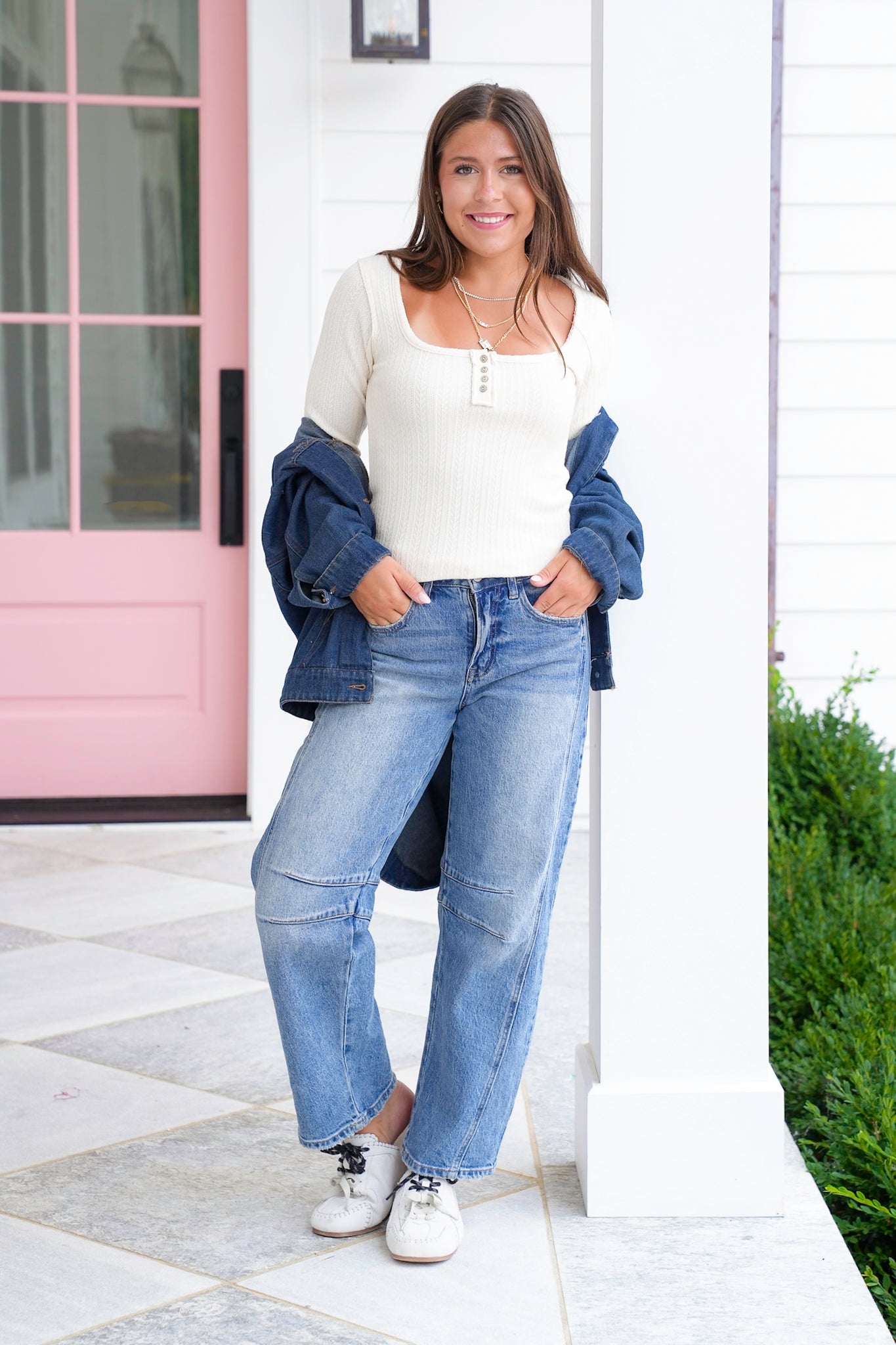 POL Textured Long Sleeve Square Neck Top