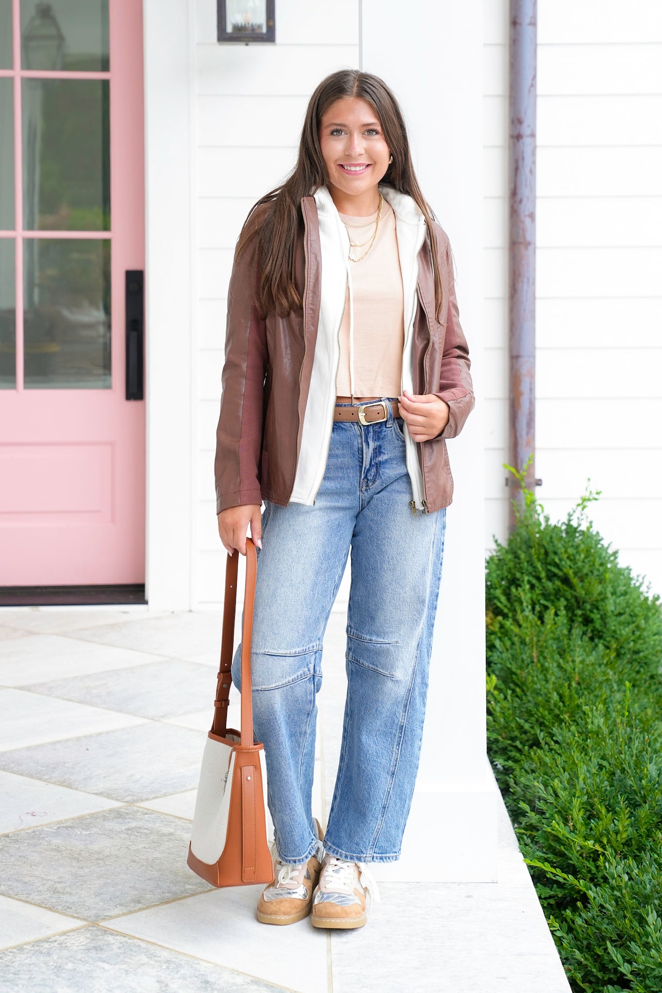 Vegan Leather Jacket with Removable Layer Hoodie Detail