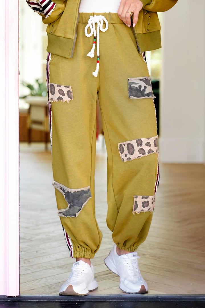 POL Olive Elastic Waist Jogger Pants with Patchwork Details