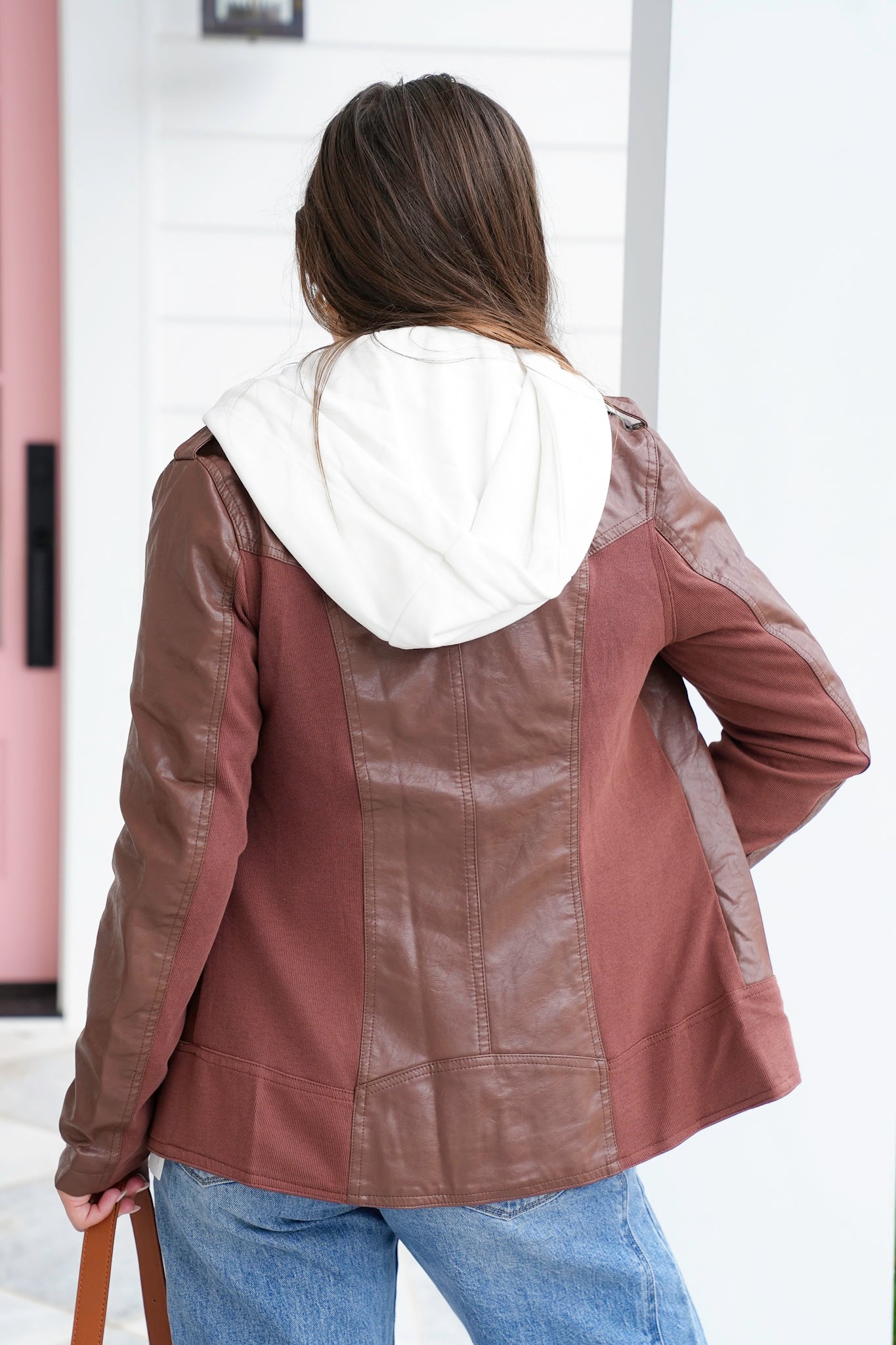 Vegan Leather Jacket with Removable Layer Hoodie Detail