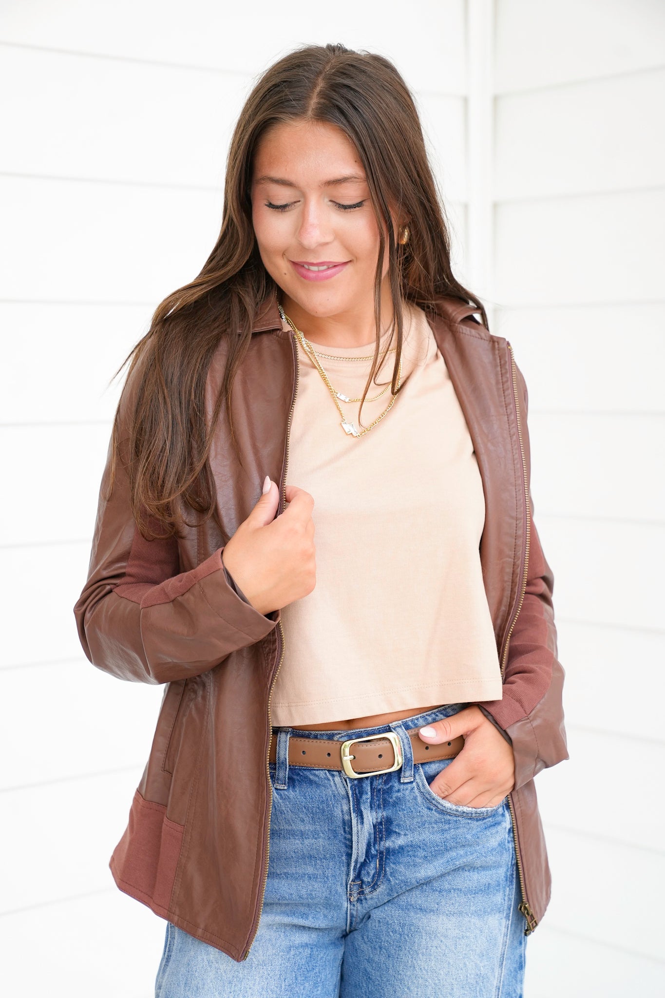 Vegan Leather Jacket with Removable Layer Hoodie Detail
