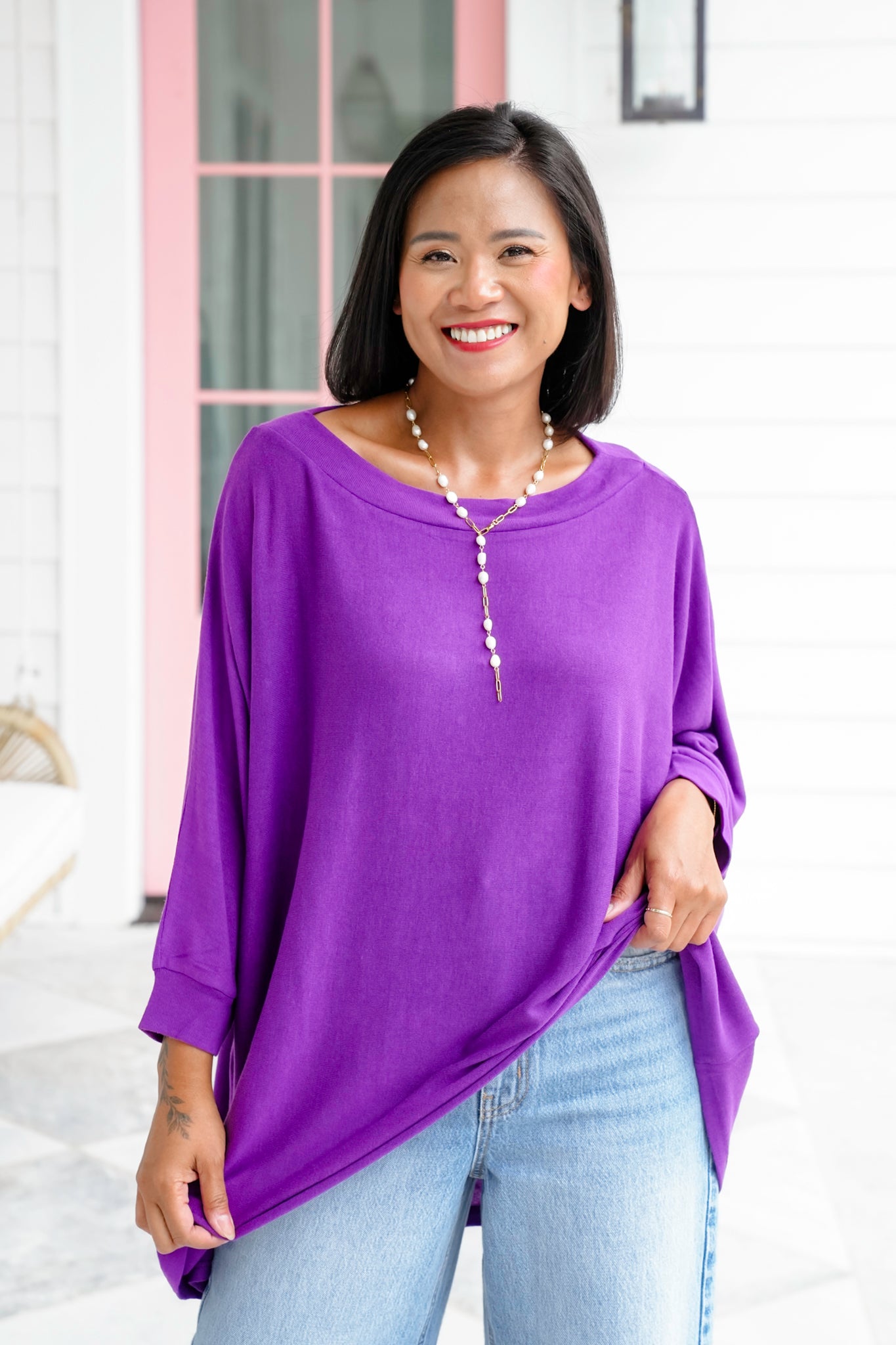Plus/Reg Long Dolman Sleeve Round Neck Top