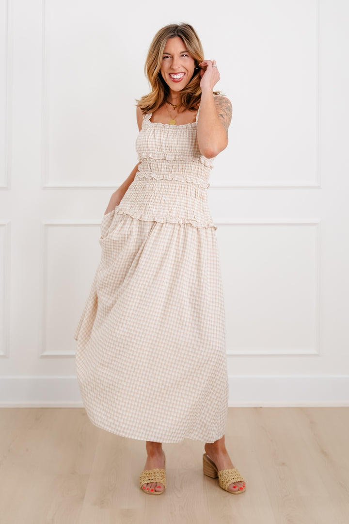 Plus/Reg Gingham Print Sleeveless Ruffle Maxi Dress